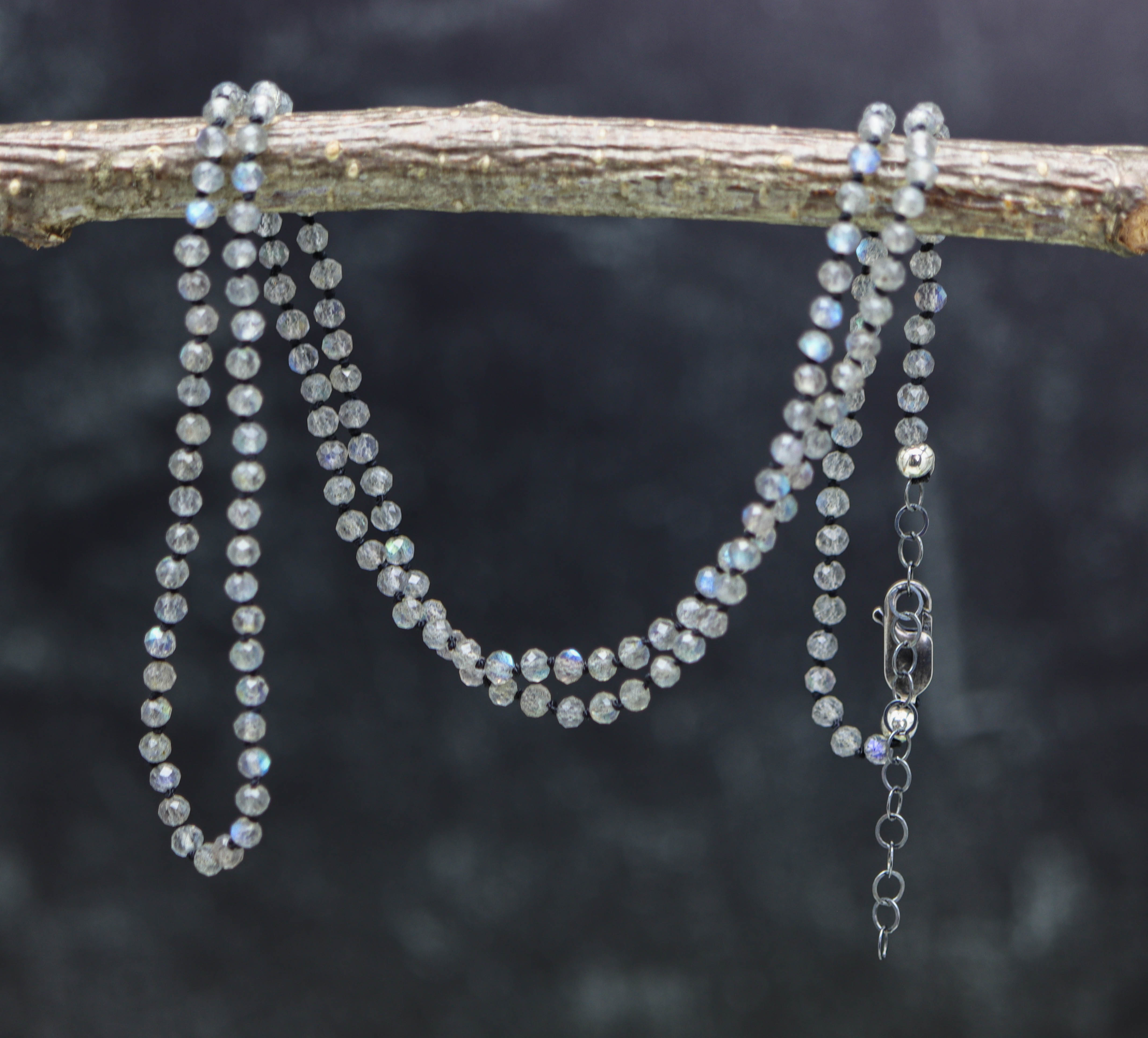 Sparkly Labradorite Hand Knotted Bead Necklace Sterling Silver