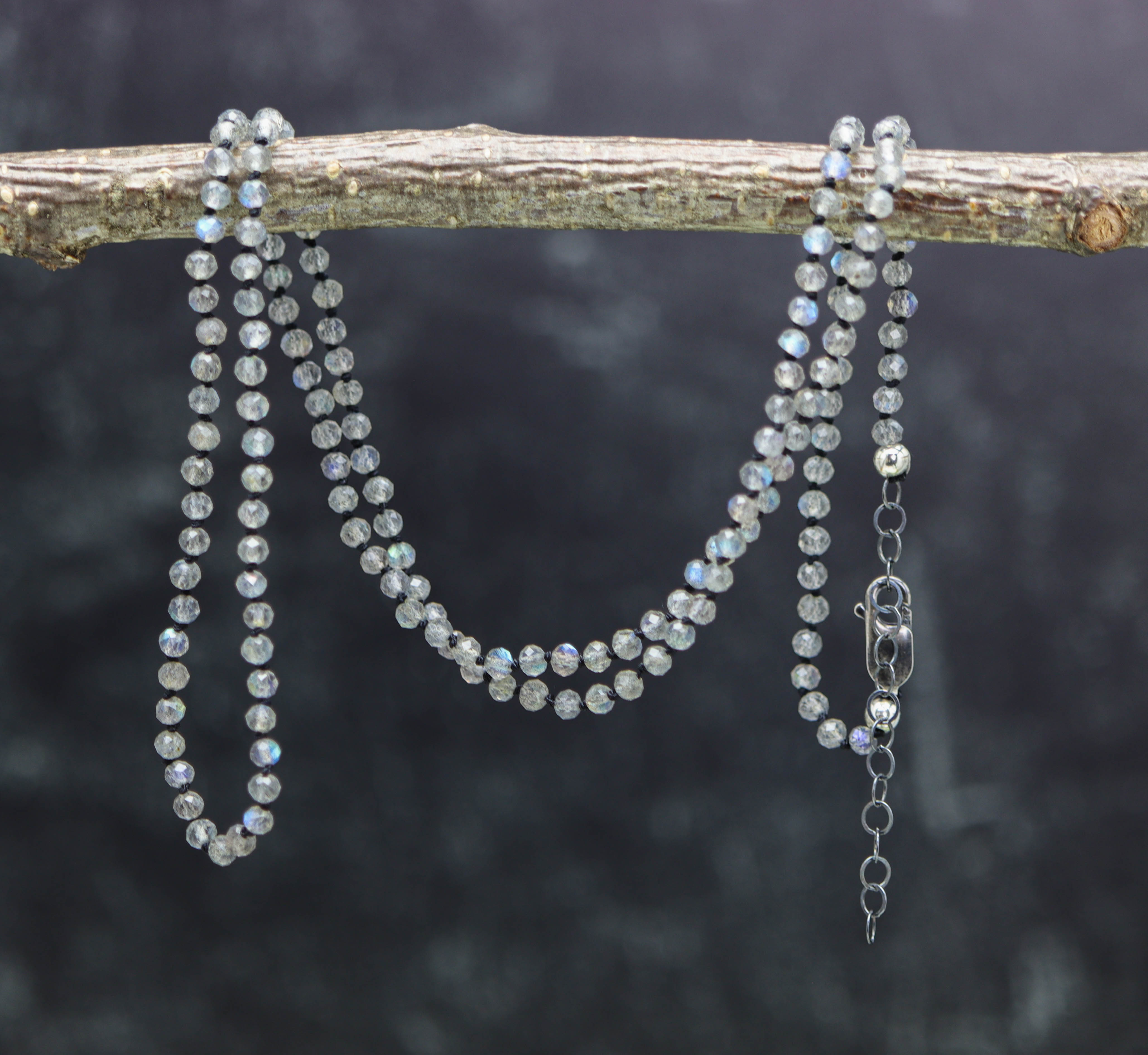 Sparkly Labradorite Hand Knotted Bead Necklace Sterling Silver