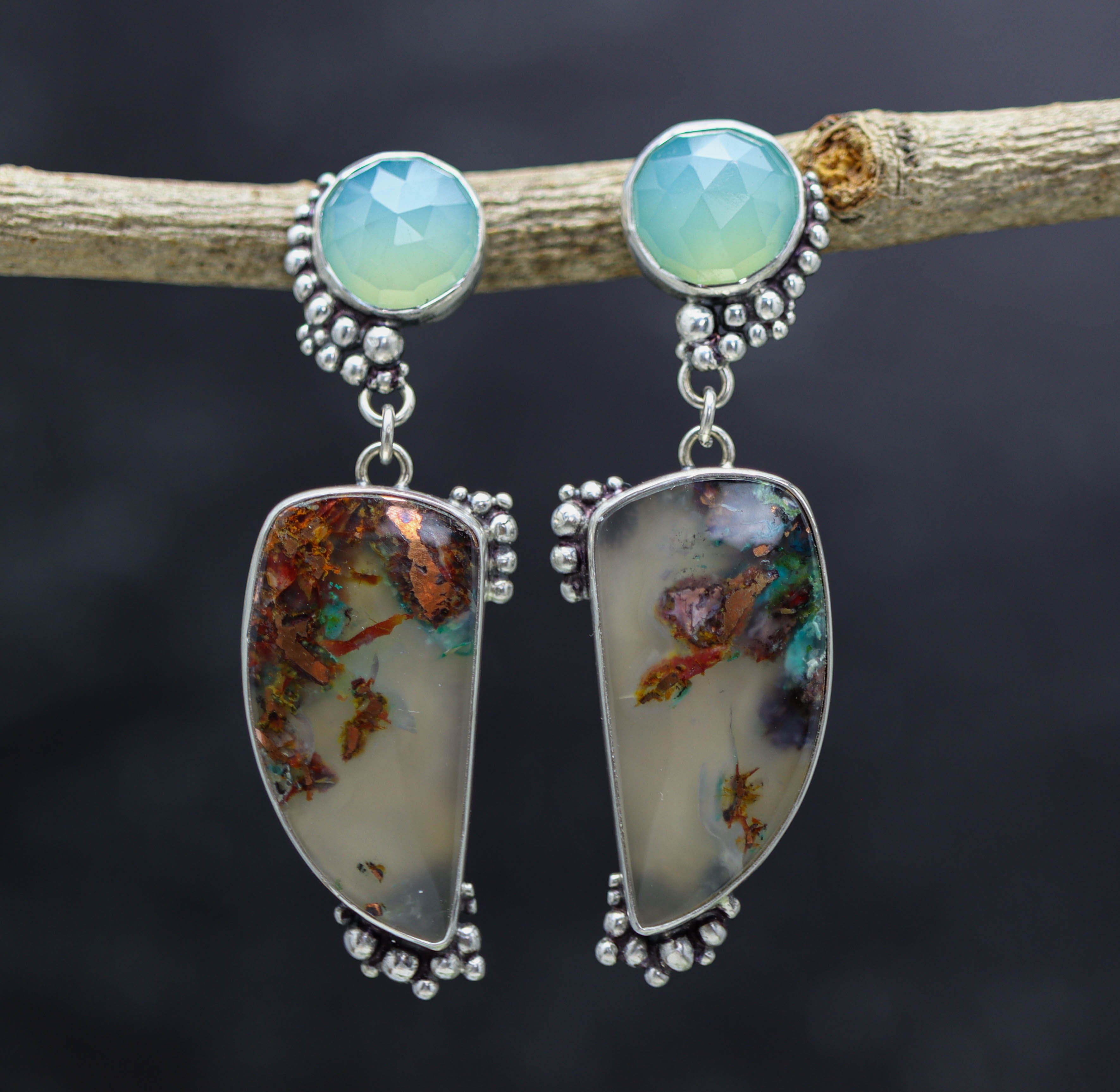 Aqua Chalcedony and Confetti Agate Sterling Silver Embellished Dangle Earrings