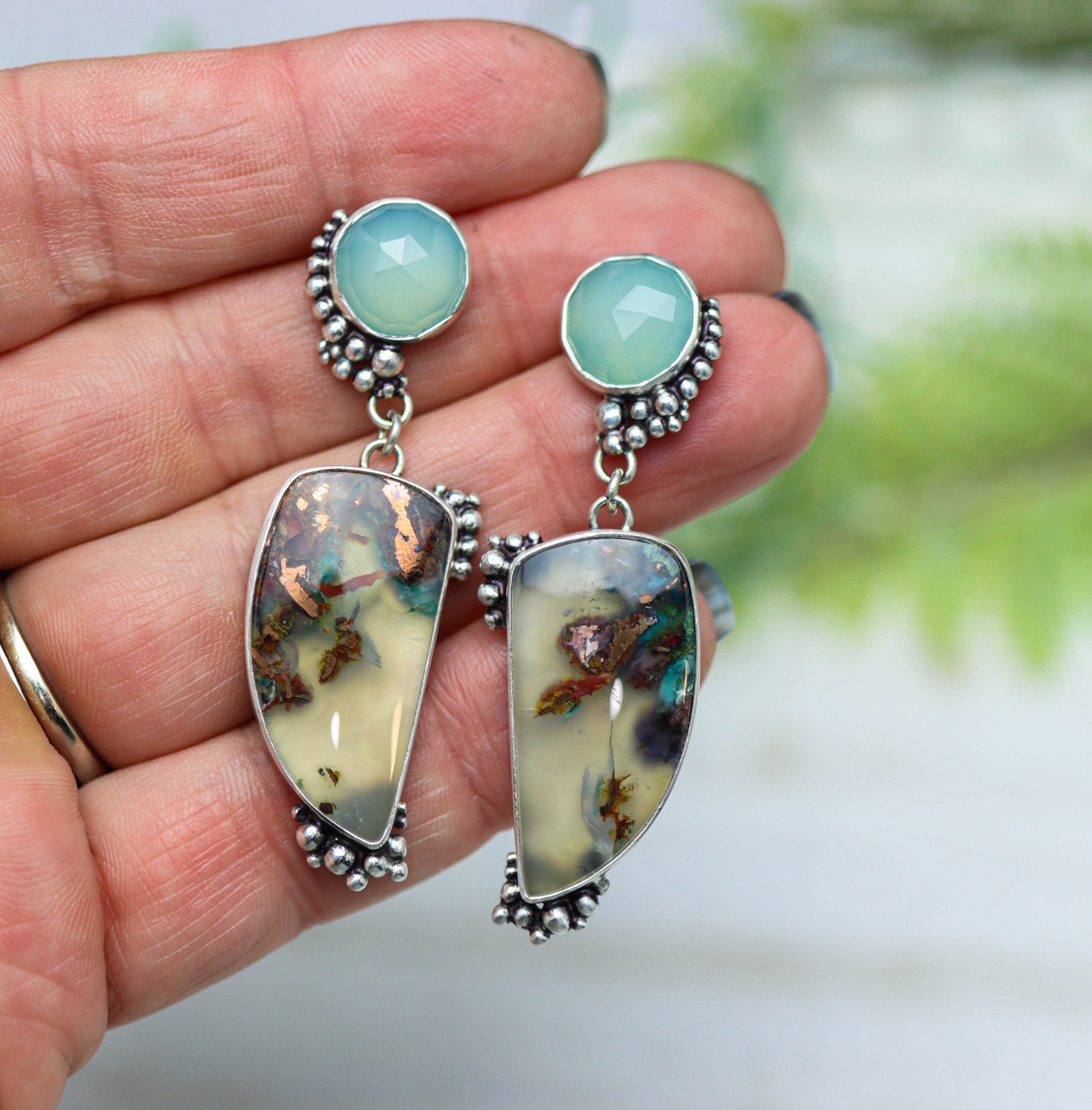 Aqua Chalcedony and Confetti Agate Sterling Silver Embellished Dangle Earrings