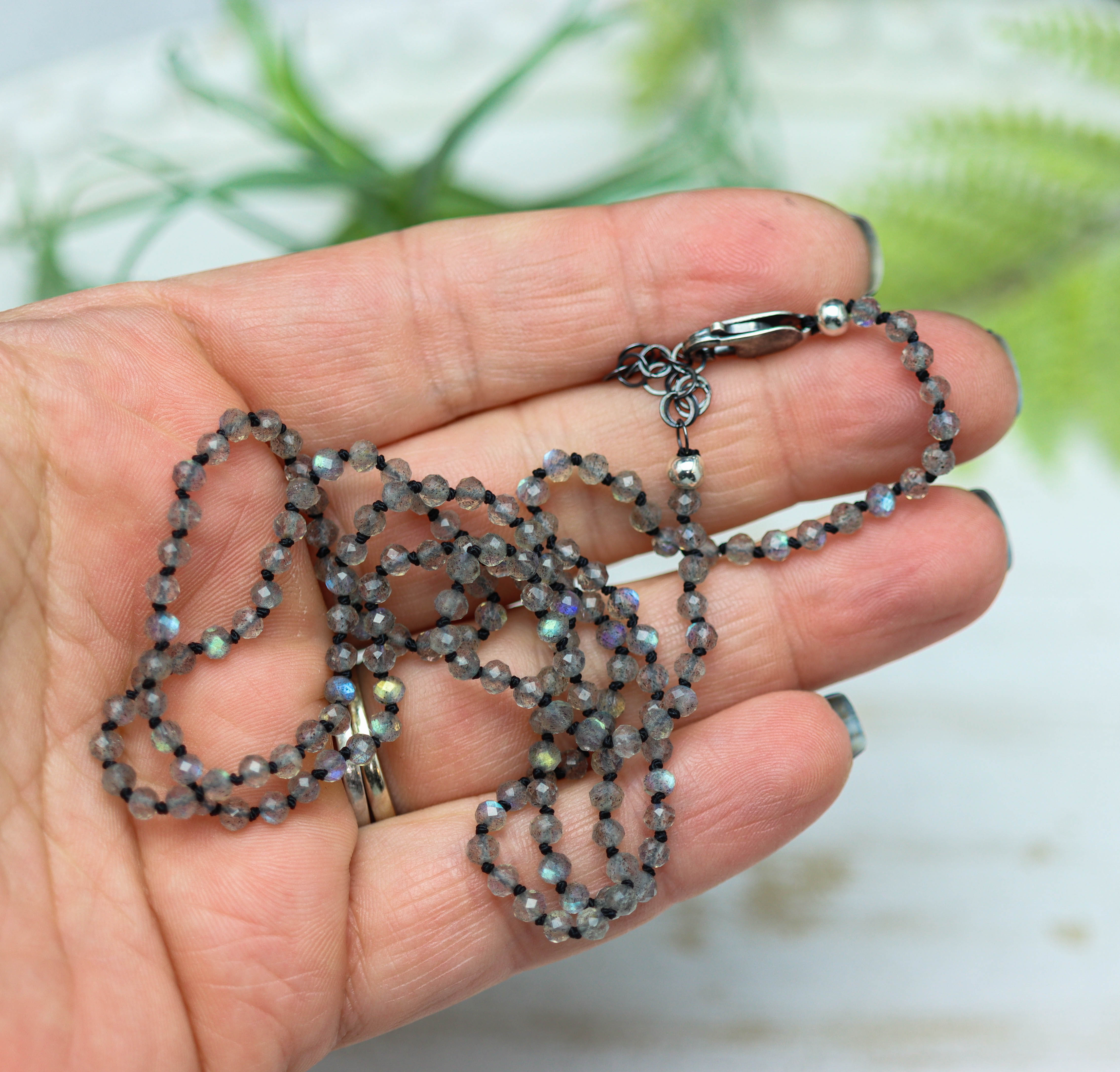 Sparkly Labradorite Hand Knotted Bead Necklace Sterling Silver