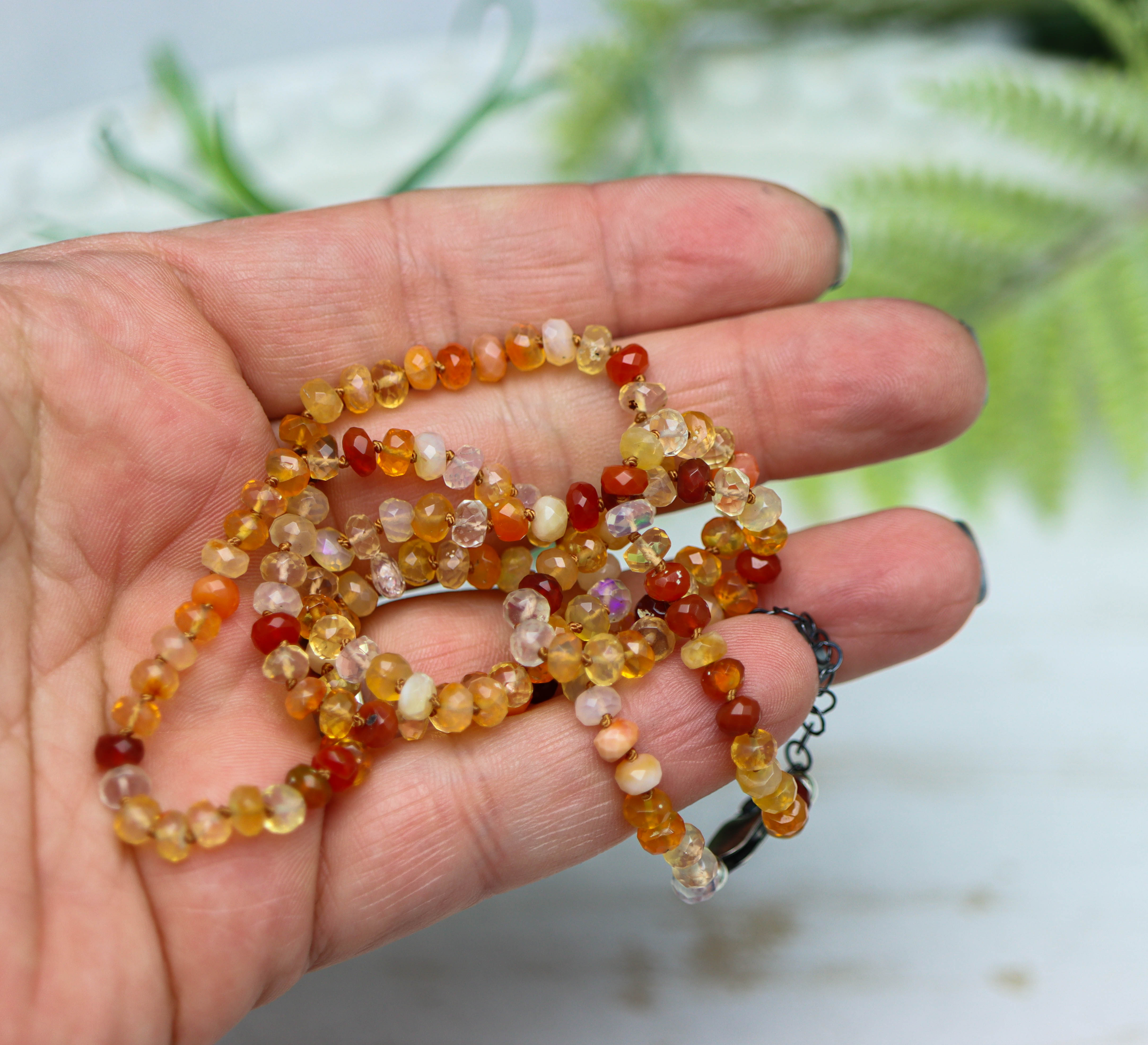 Mexican Fire Opal Hand Knotted Bead Necklace Sterling Silver