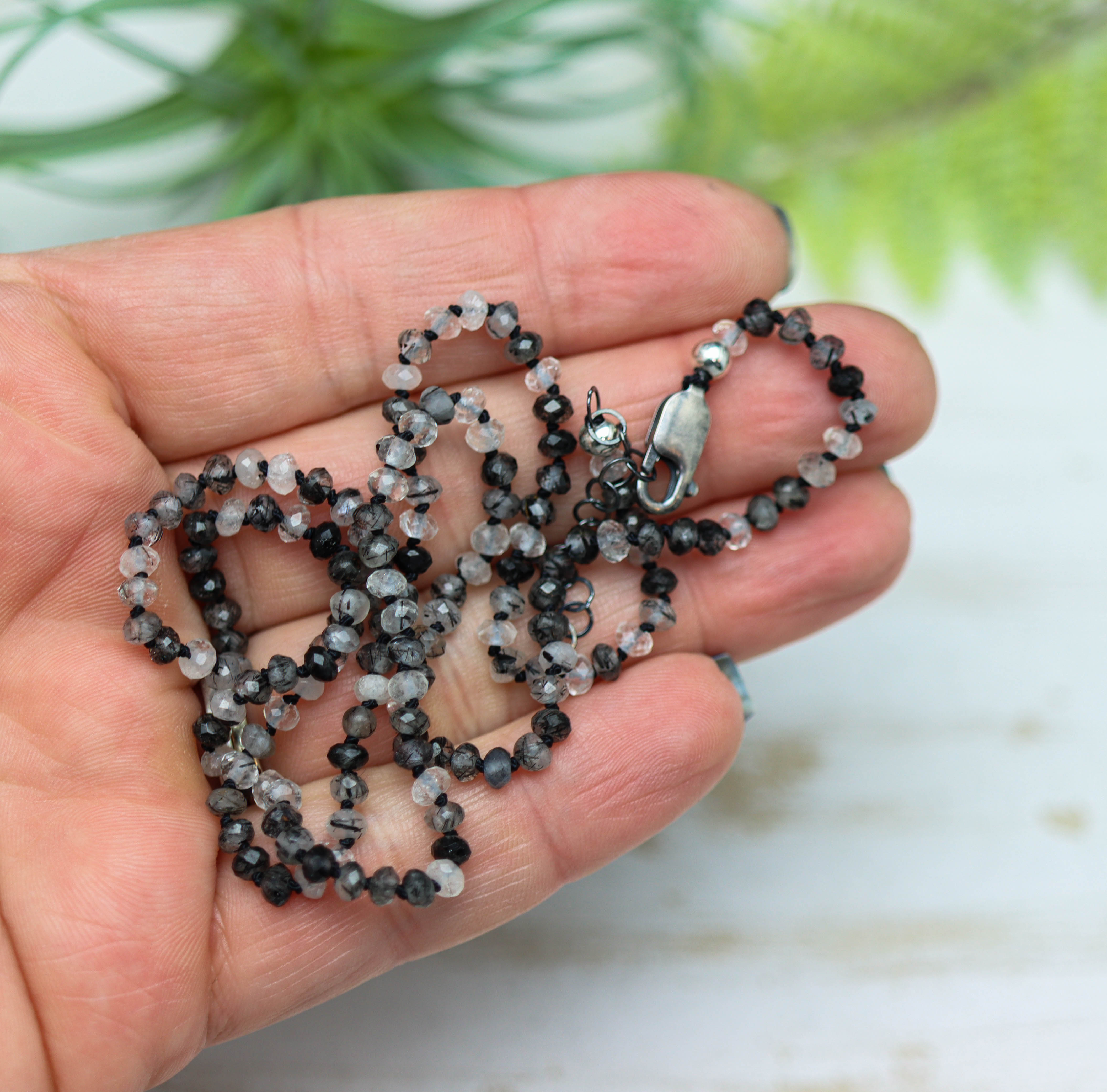 Black Toumalinated Quartz Hand Knotted Bead Necklace Sterling Silver 21 inch