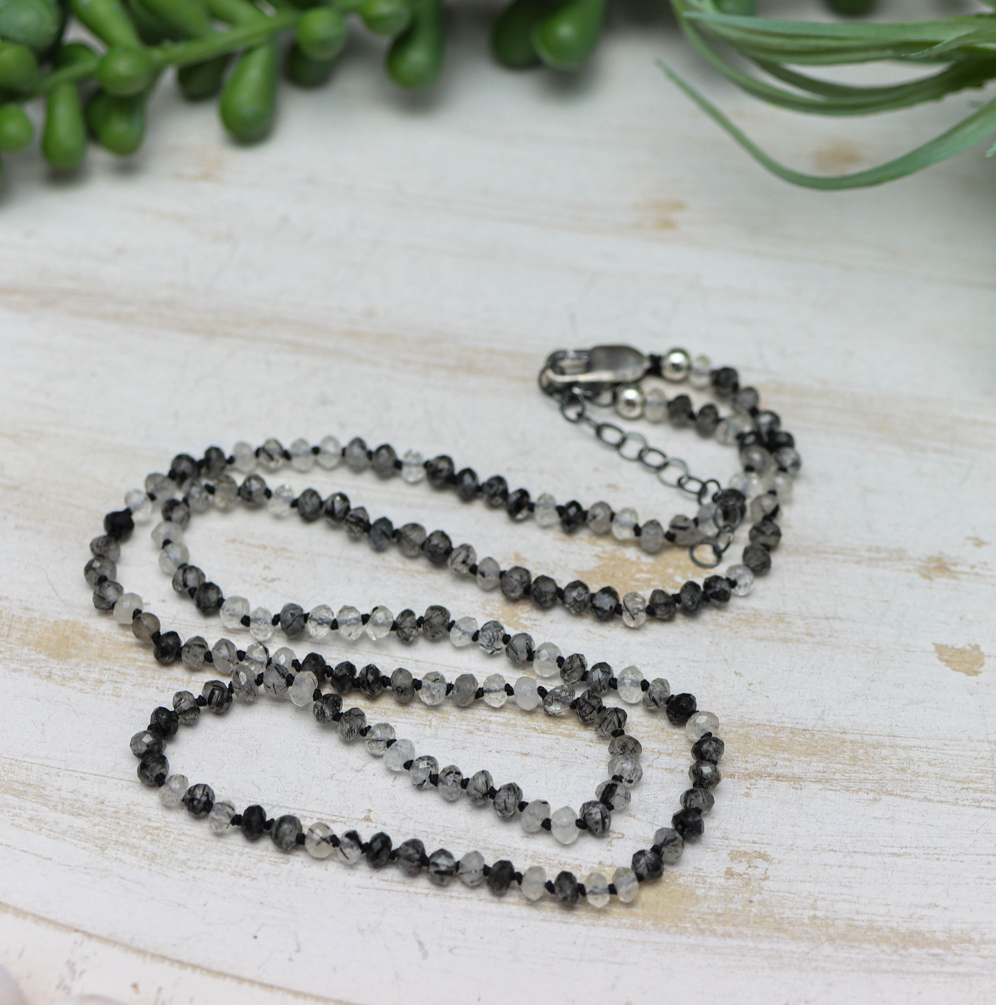 Black Toumalinated Quartz Hand Knotted Bead Necklace Sterling Silver 21 inch