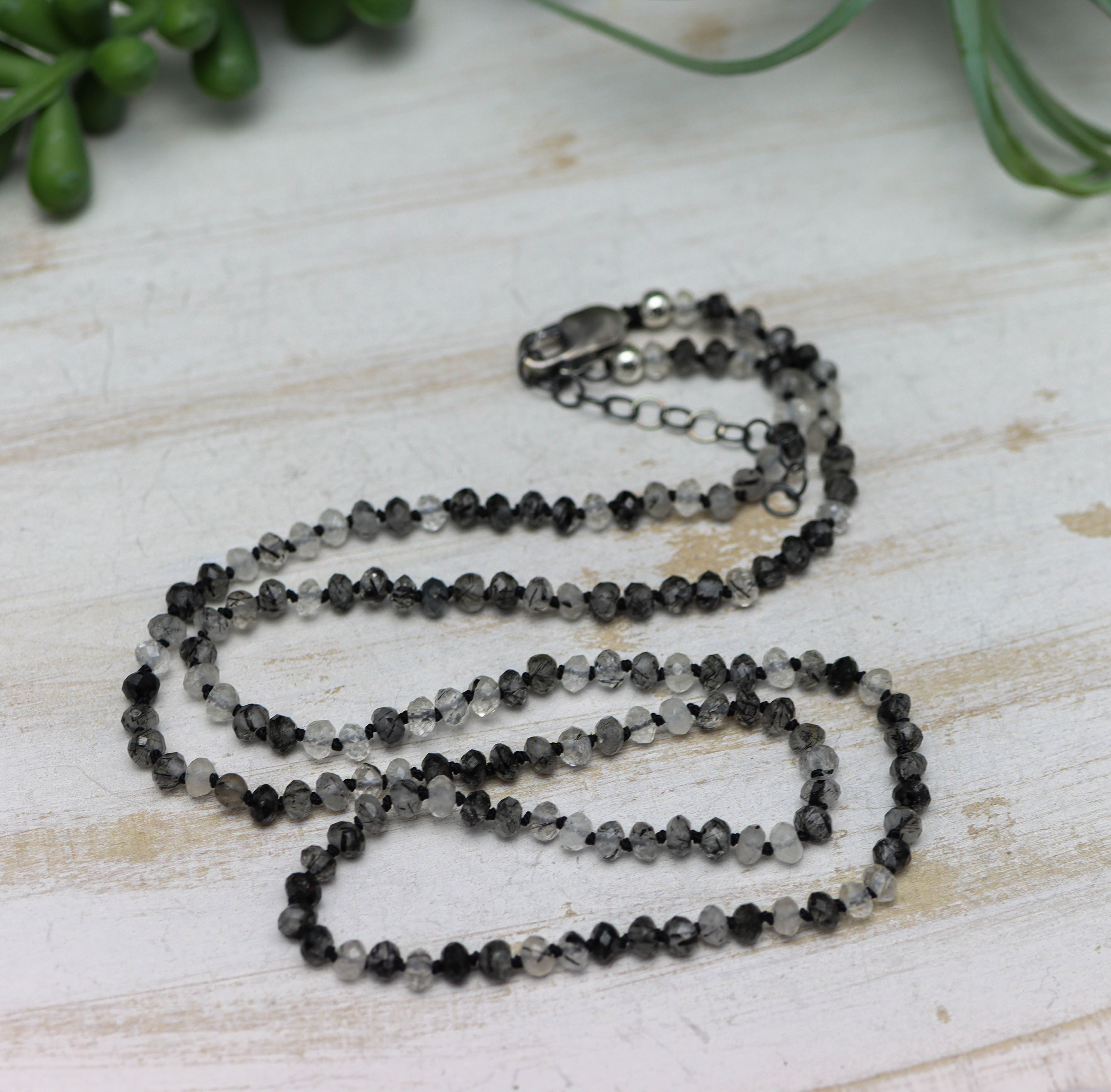 Black Toumalinated Quartz Hand Knotted Bead Necklace Sterling Silver 21 inch