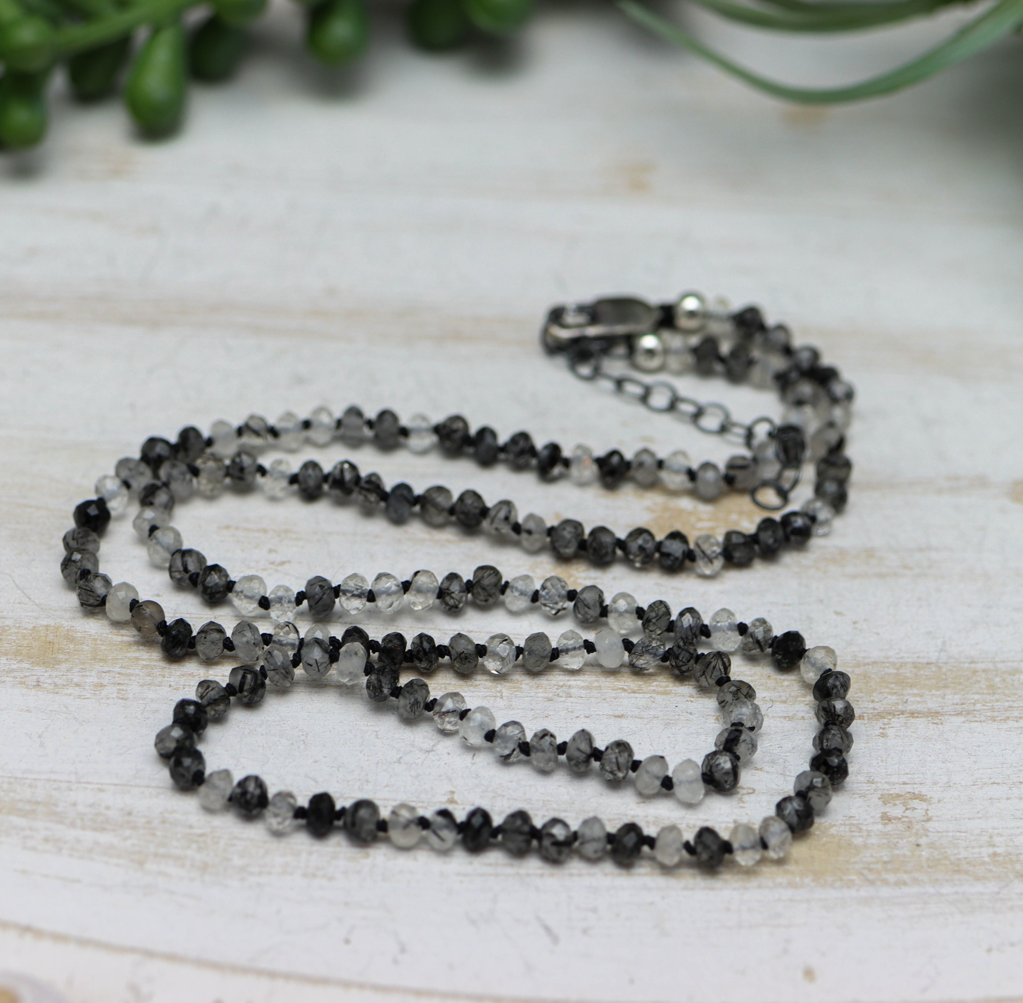 Black Toumalinated Quartz Hand Knotted Bead Necklace Sterling Silver 21 inch