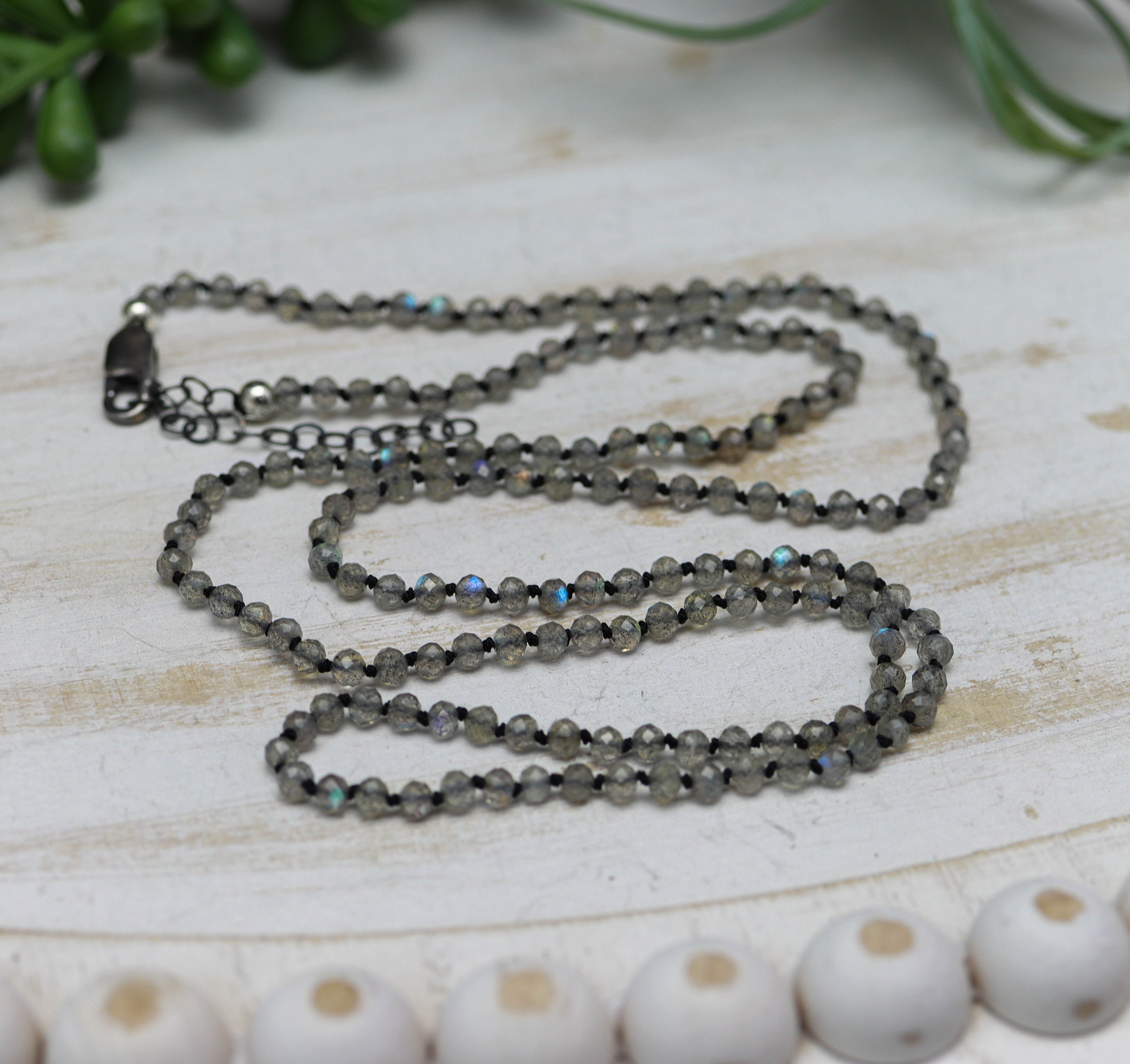 Sparkly Labradorite Hand Knotted Bead Necklace Sterling Silver