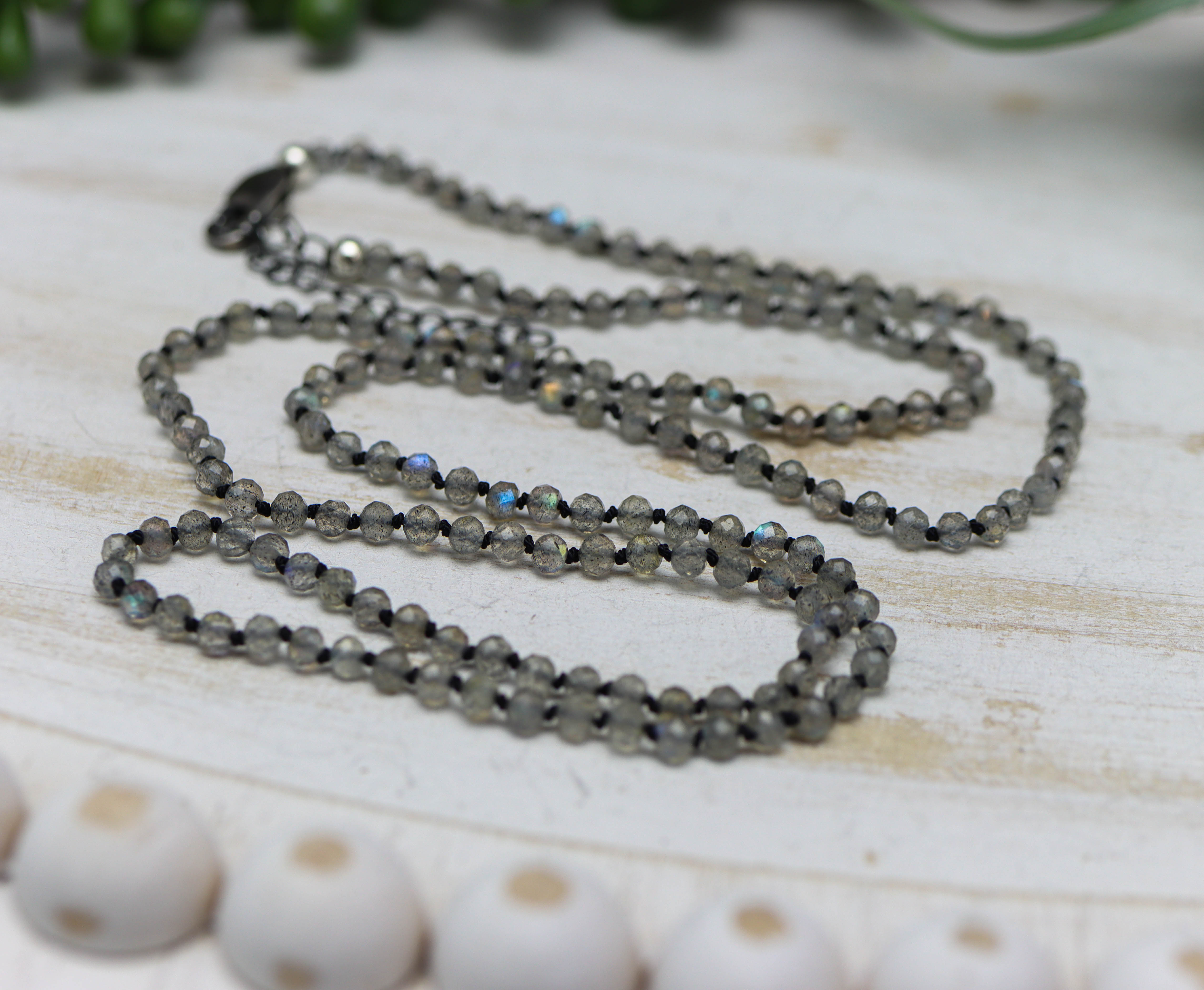 Sparkly Labradorite Hand Knotted Bead Necklace Sterling Silver