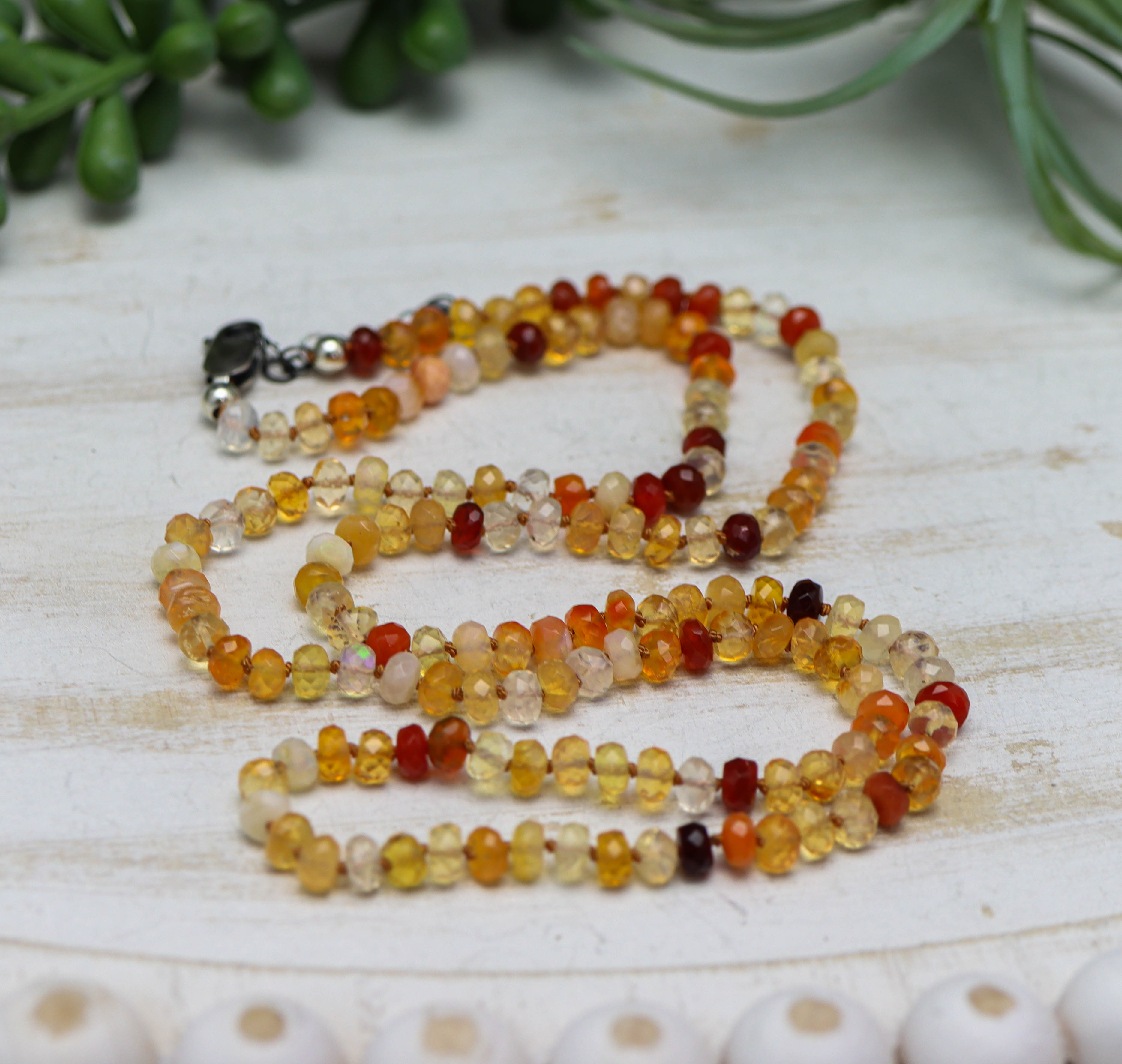 Mexican Fire Opal Hand Knotted Bead Necklace Sterling Silver