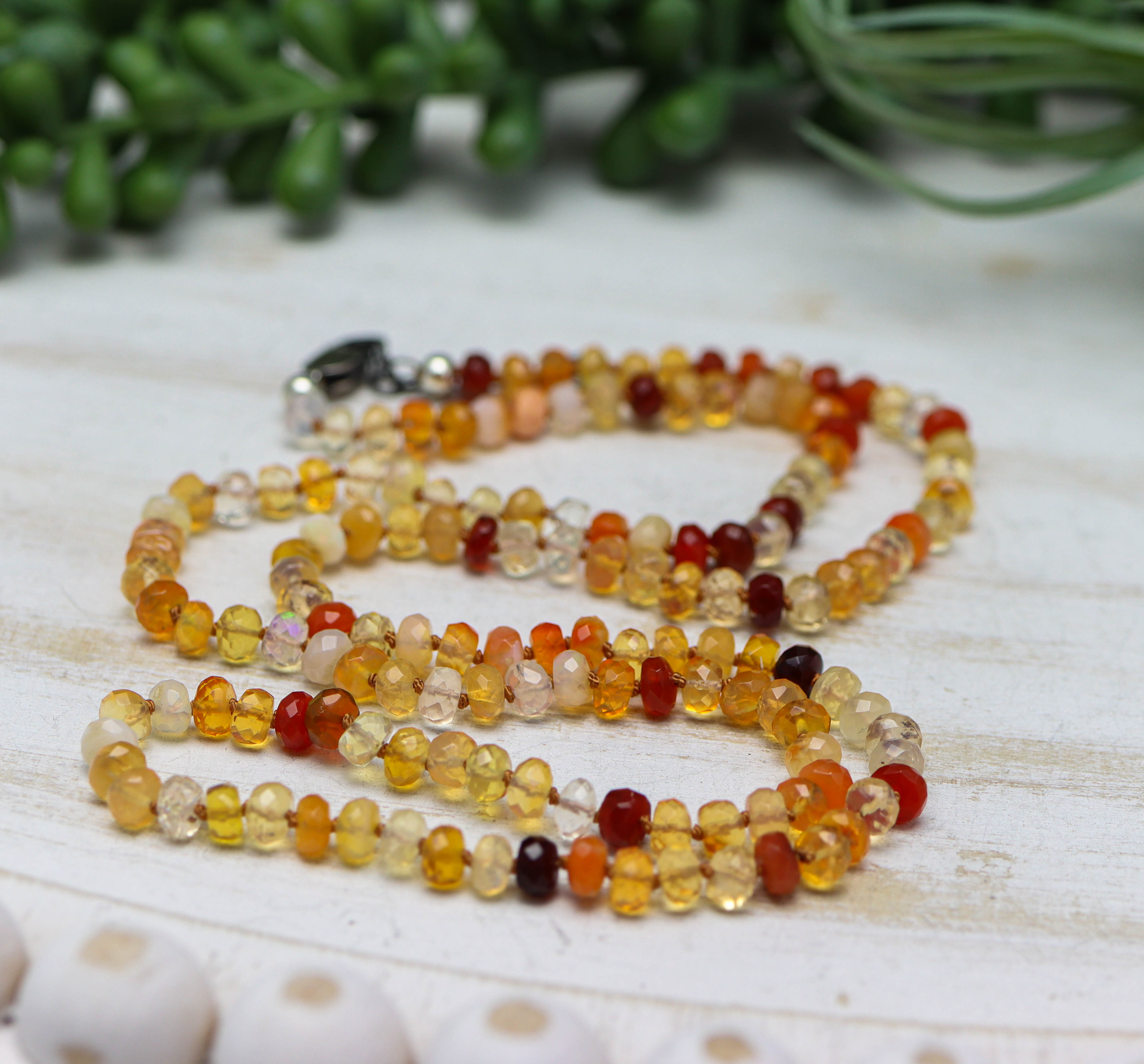 Mexican Fire Opal Hand Knotted Bead Necklace Sterling Silver