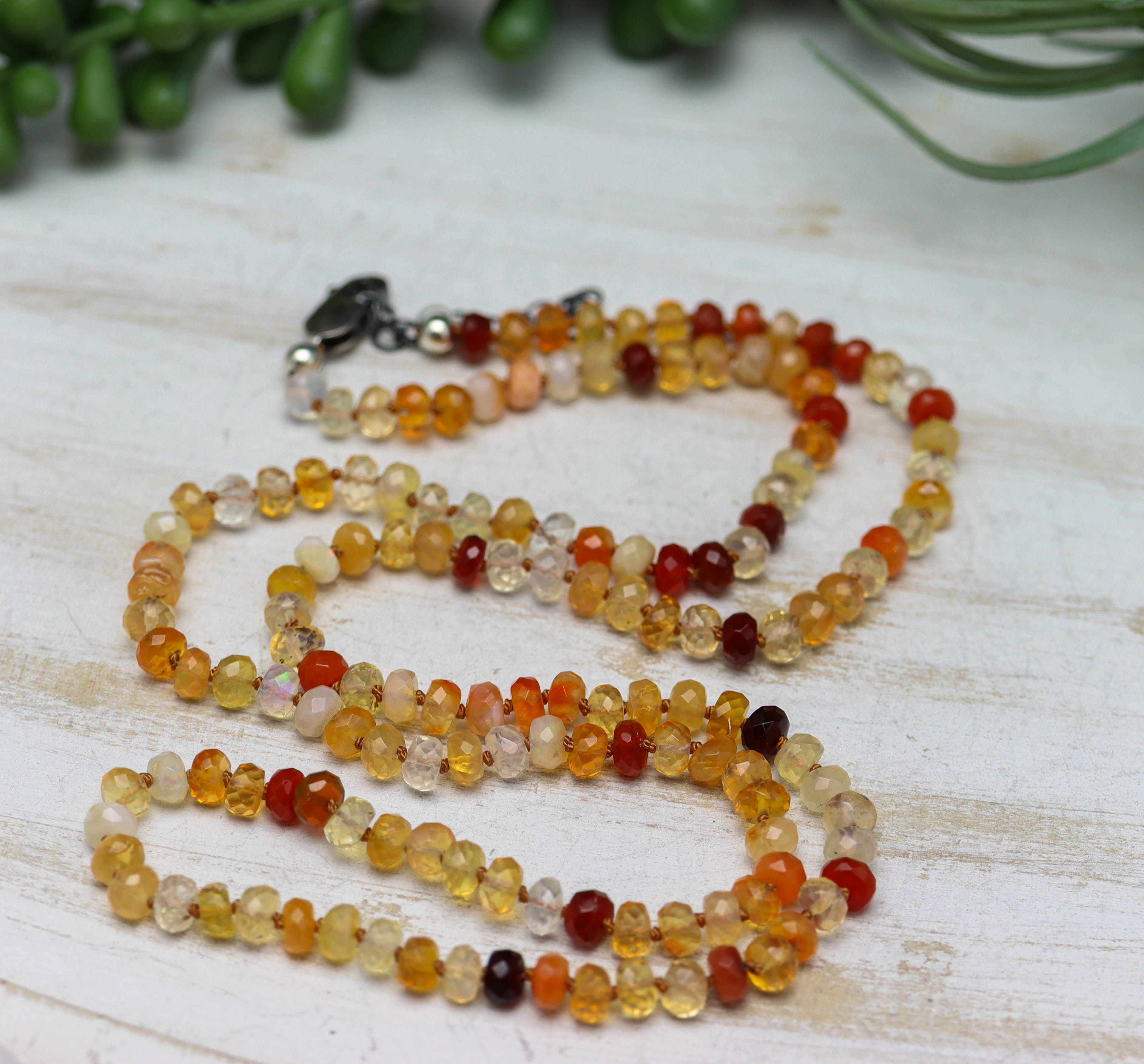 Mexican Fire Opal Hand Knotted Bead Necklace Sterling Silver