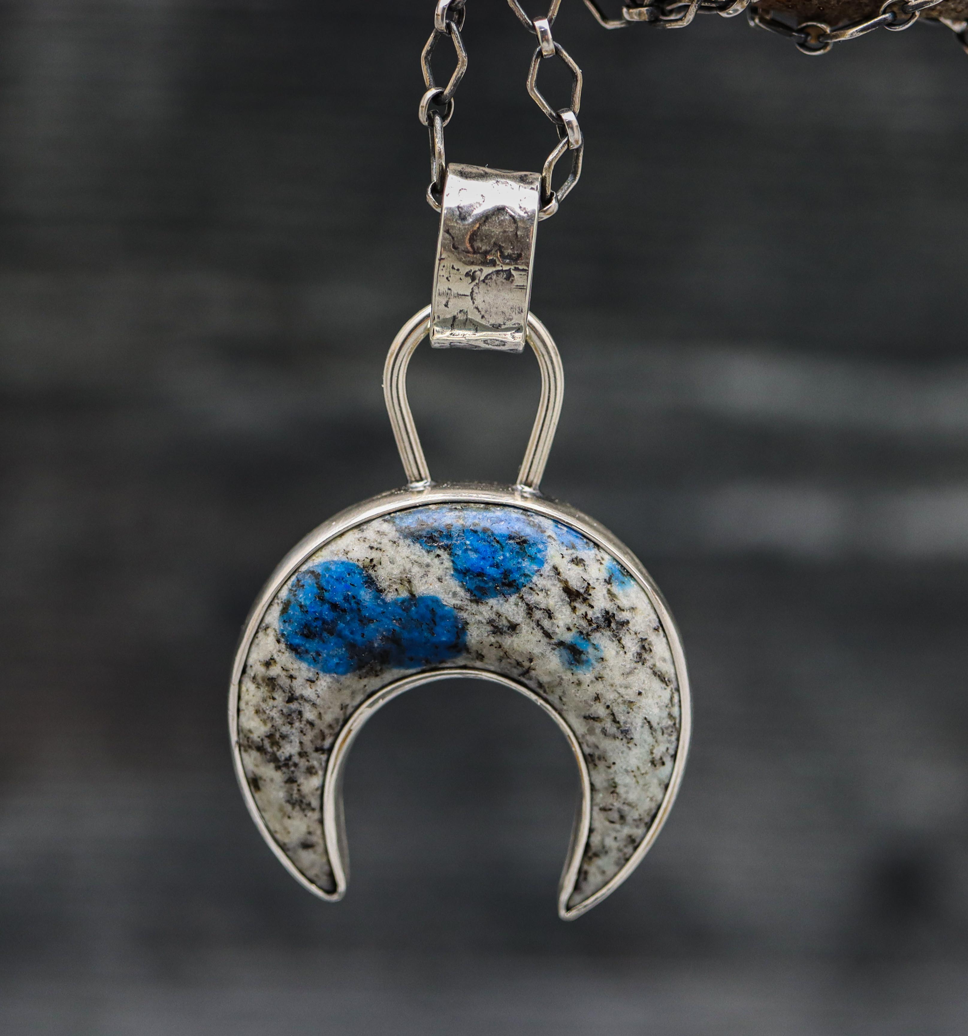 Crescent Moon Pendant Necklace Sterling Silver K2 Granite with Blue Azurite