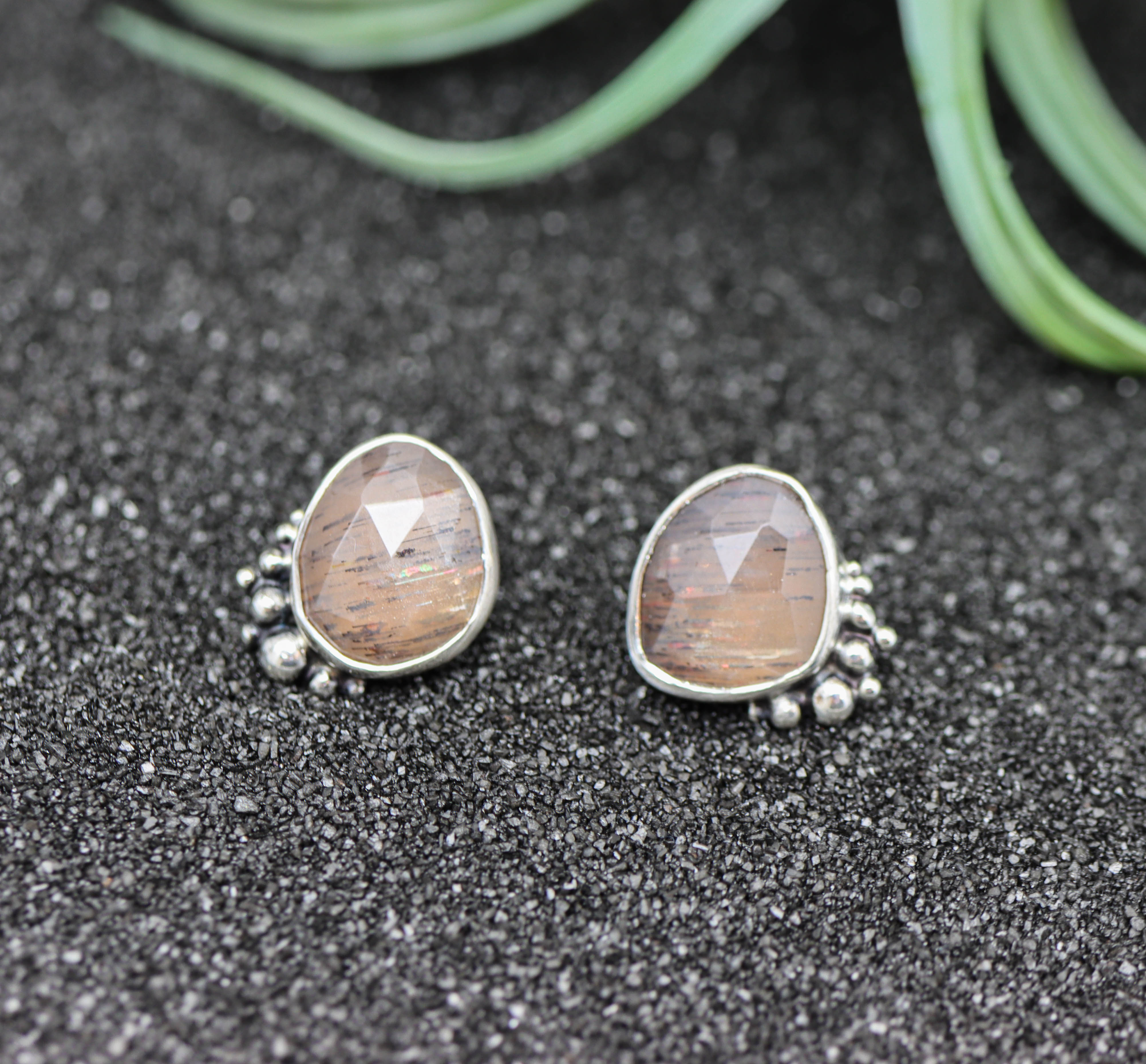 African Fire Sunstone Sterling Silver Embellished Stud Earrings