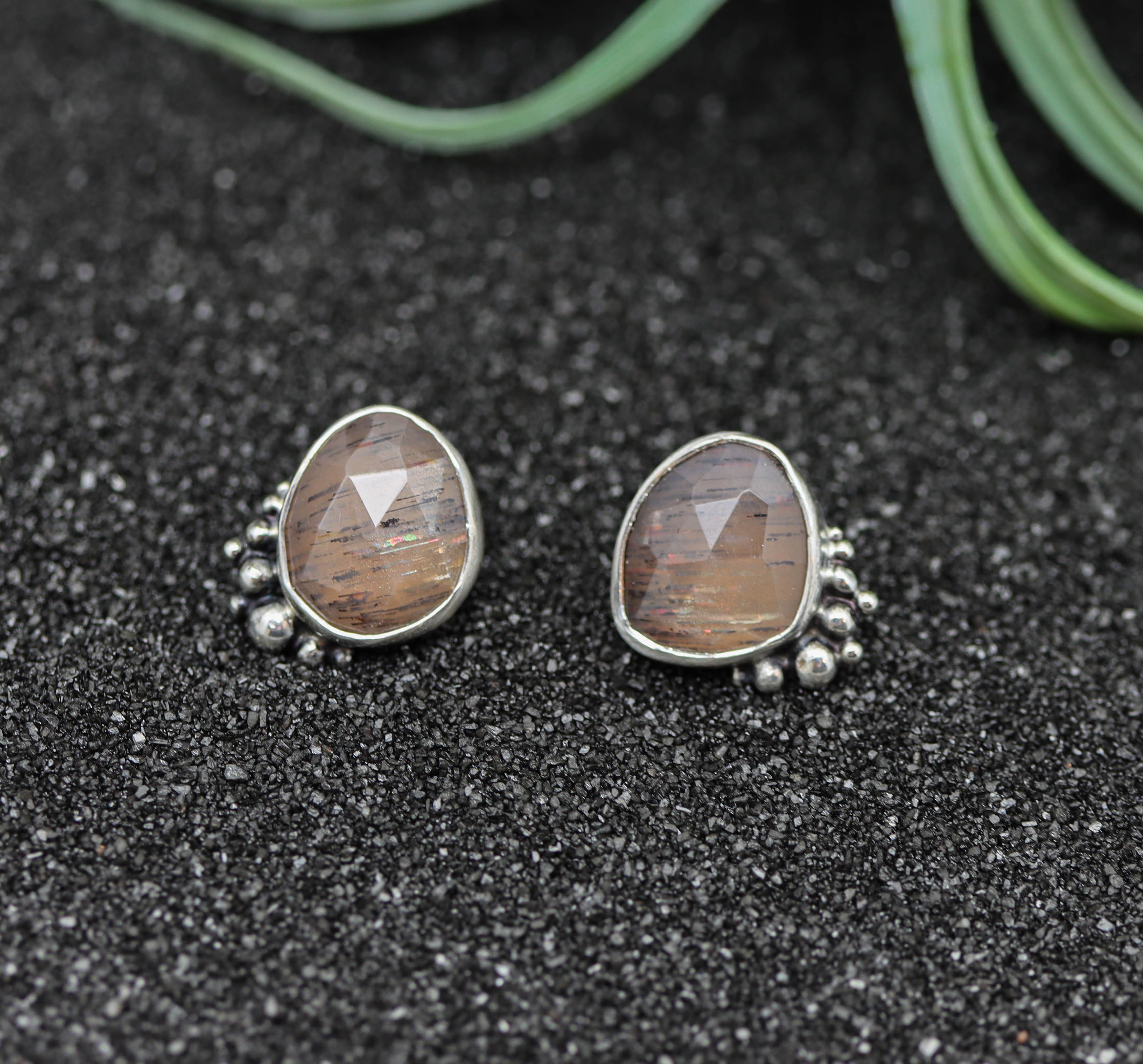 African Fire Sunstone Sterling Silver Embellished Stud Earrings
