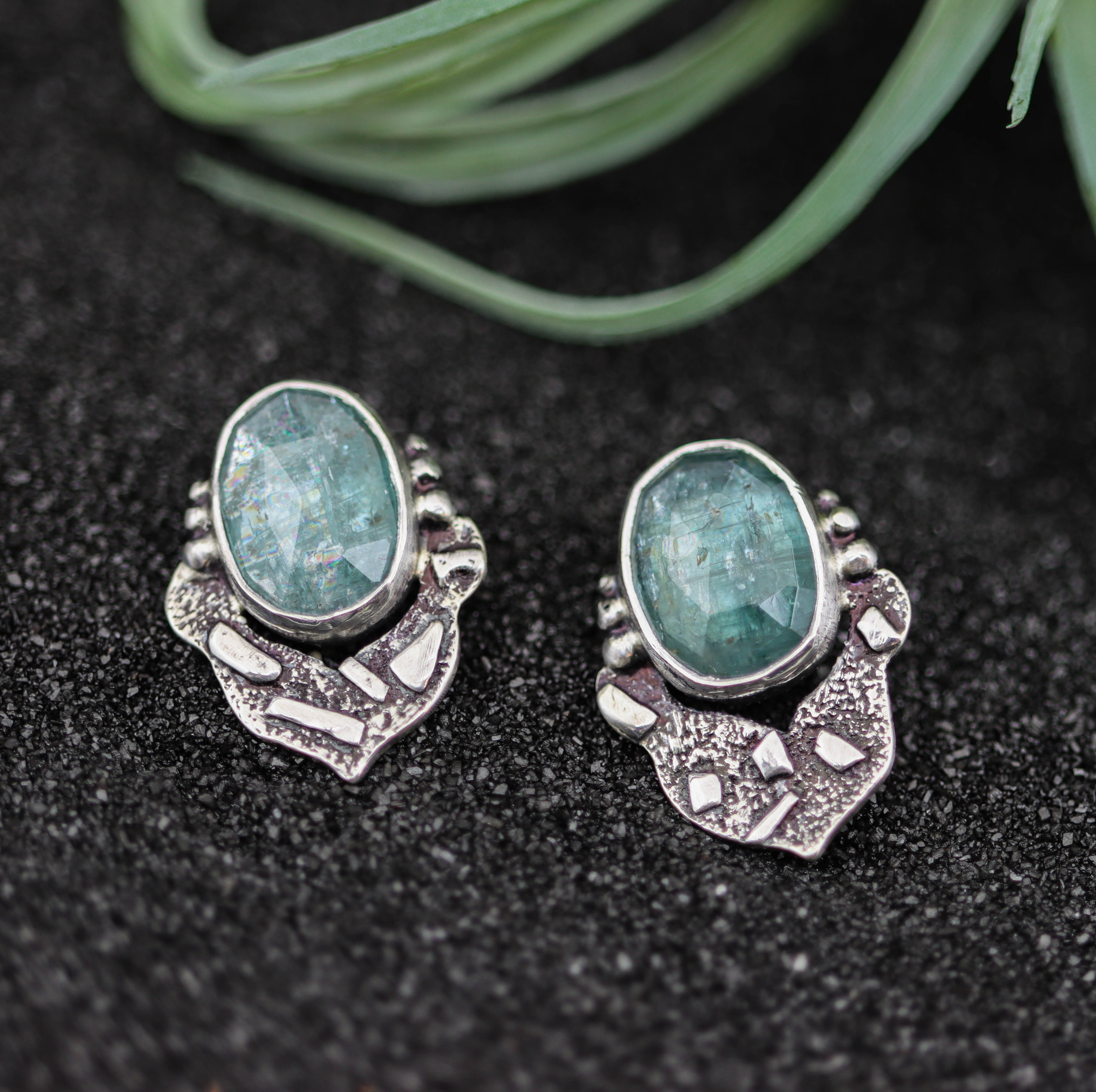 Aqua Blue Kyanite Sterling Silver Embellished Stud Earrings