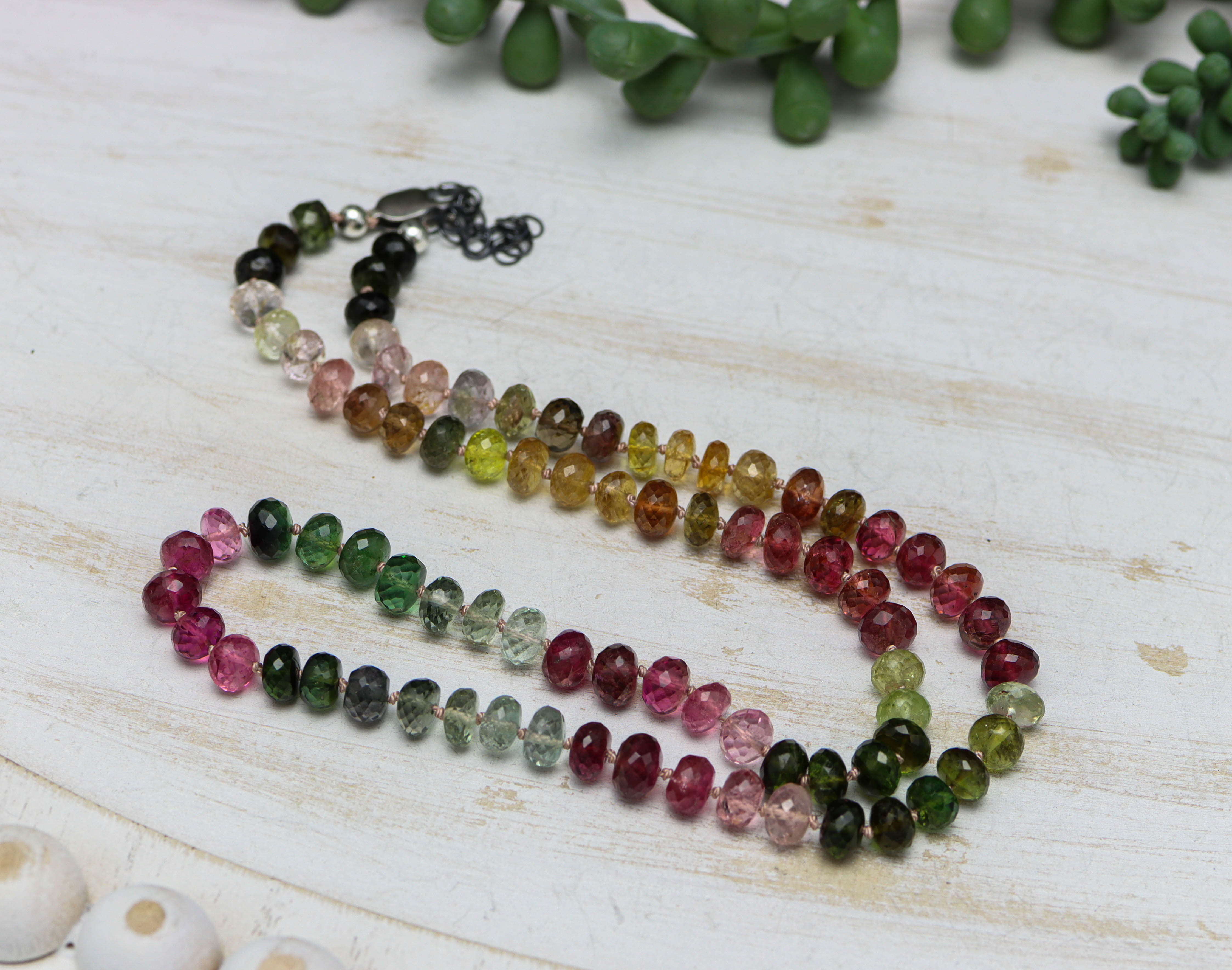 Stunning Multi Colored Tourmaline Hand Knotted Bead Necklace Sterling Silver #1