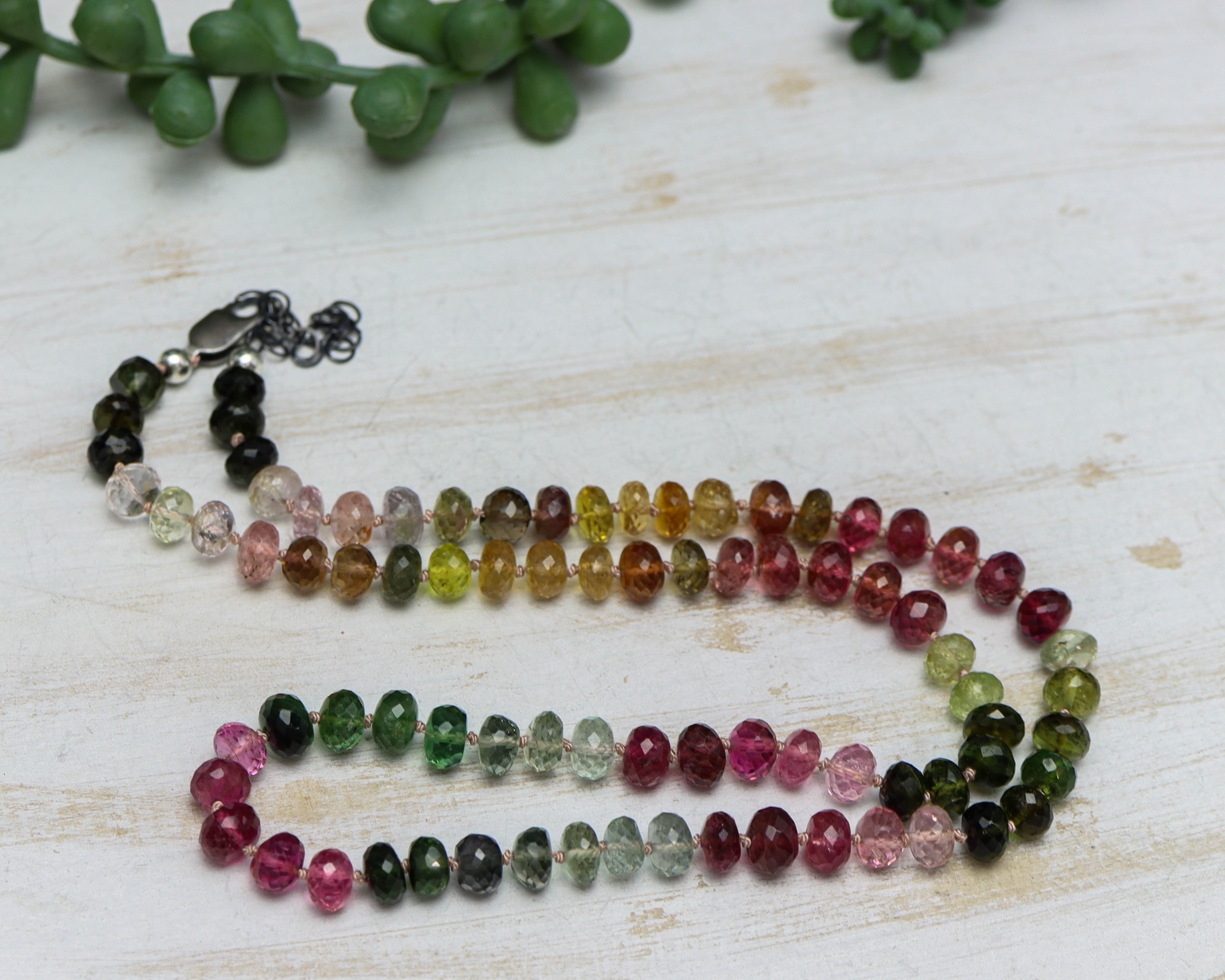Stunning Multi Colored Tourmaline Hand Knotted Bead Necklace Sterling Silver #1