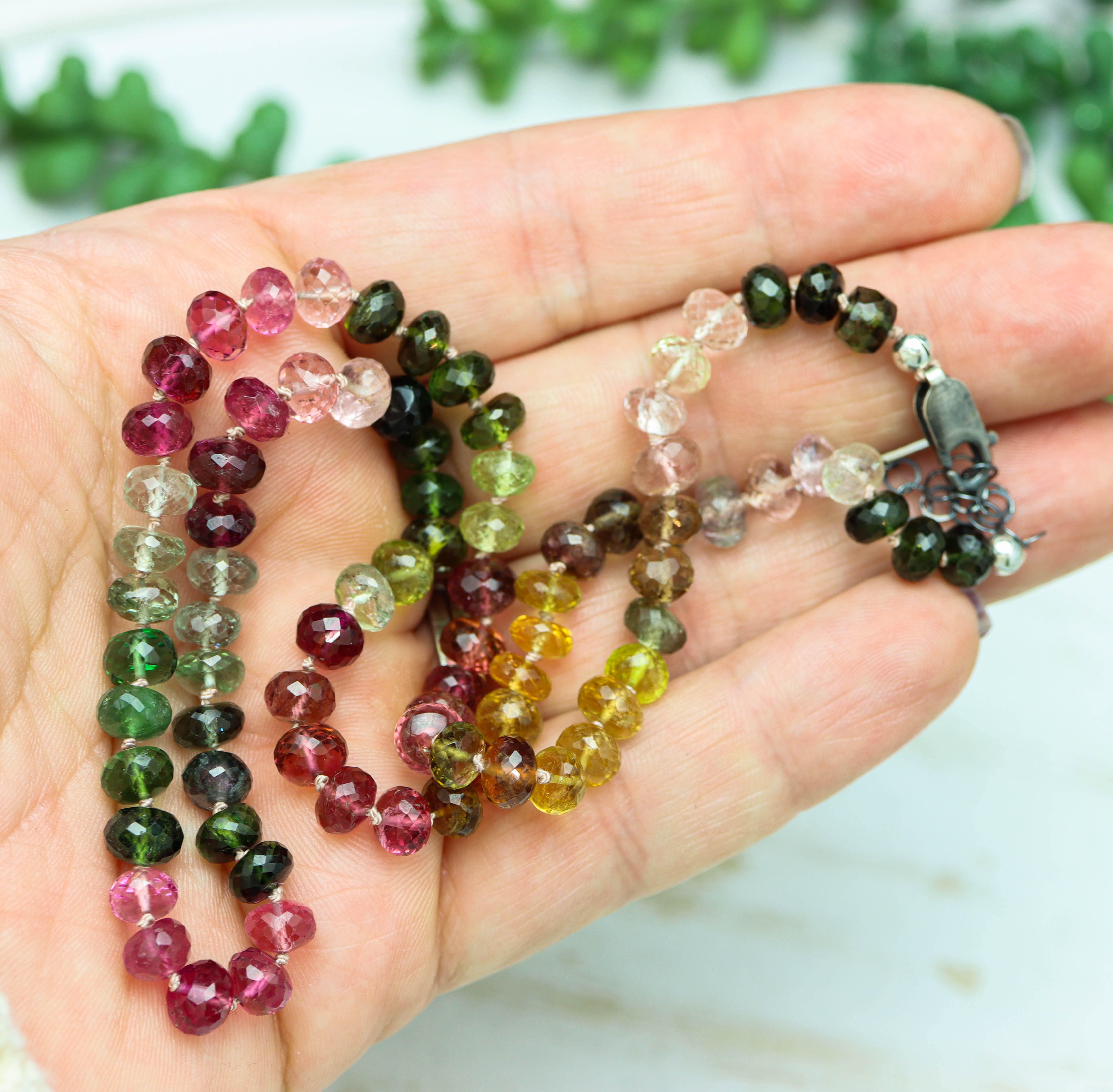 Stunning Multi Colored Tourmaline Hand Knotted Bead Necklace Sterling Silver #1