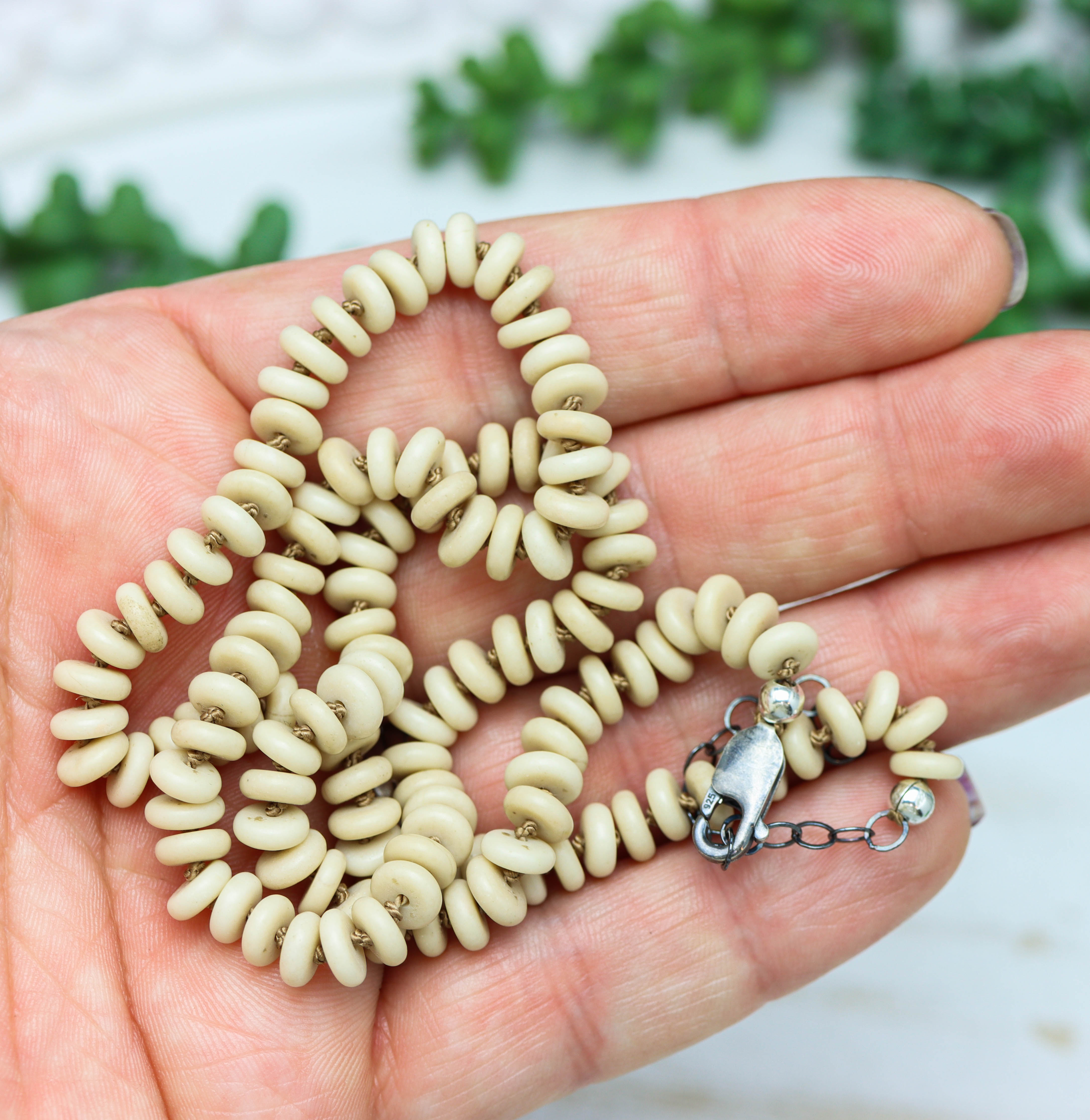 Fossil Jasper Hand Knotted Bead Necklace Sterling Silver