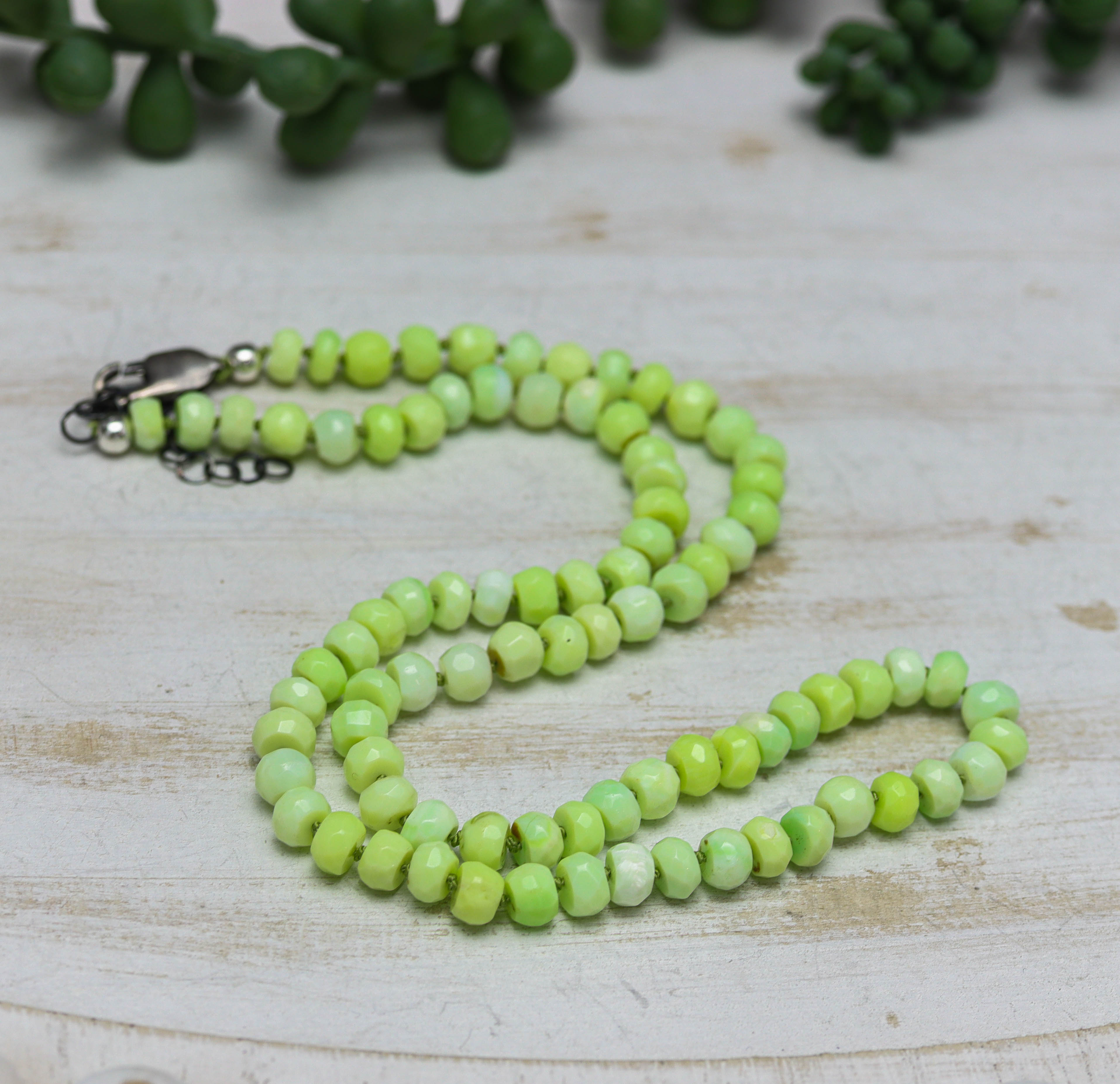 Lime Green Opal Hand Knotted Bead Necklace Sterling Silver