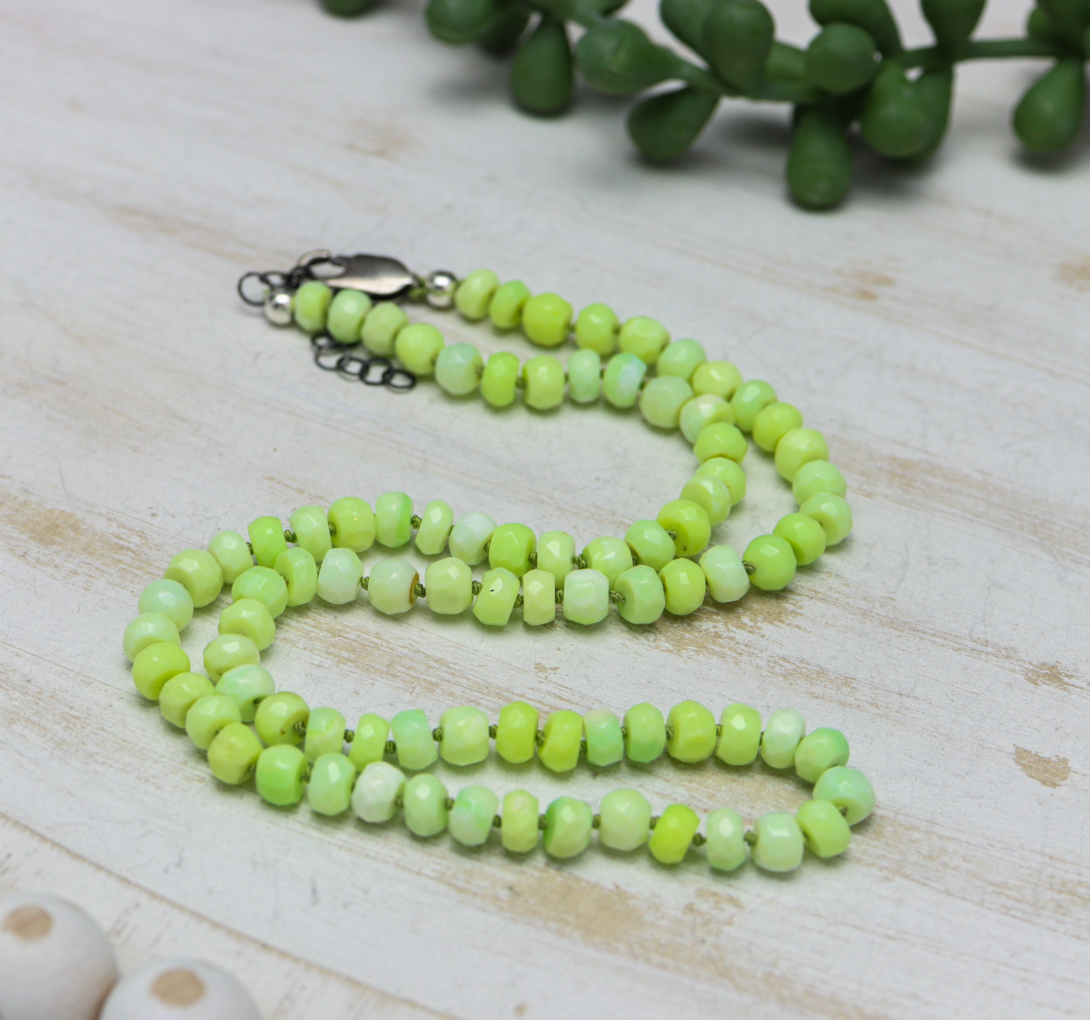 Lime Green Opal Hand Knotted Bead Necklace Sterling Silver