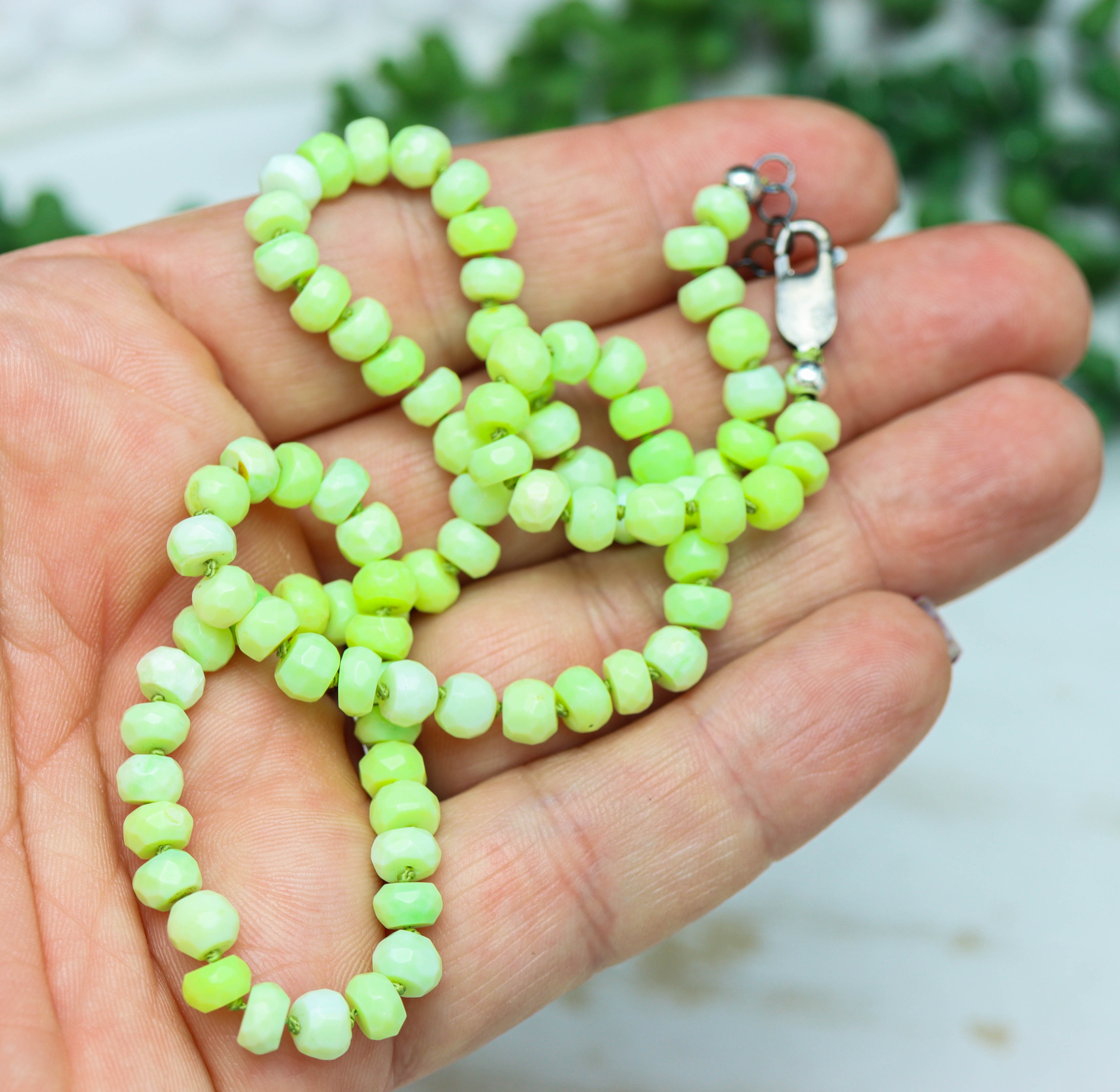 Lime Green Opal Hand Knotted Bead Necklace Sterling Silver
