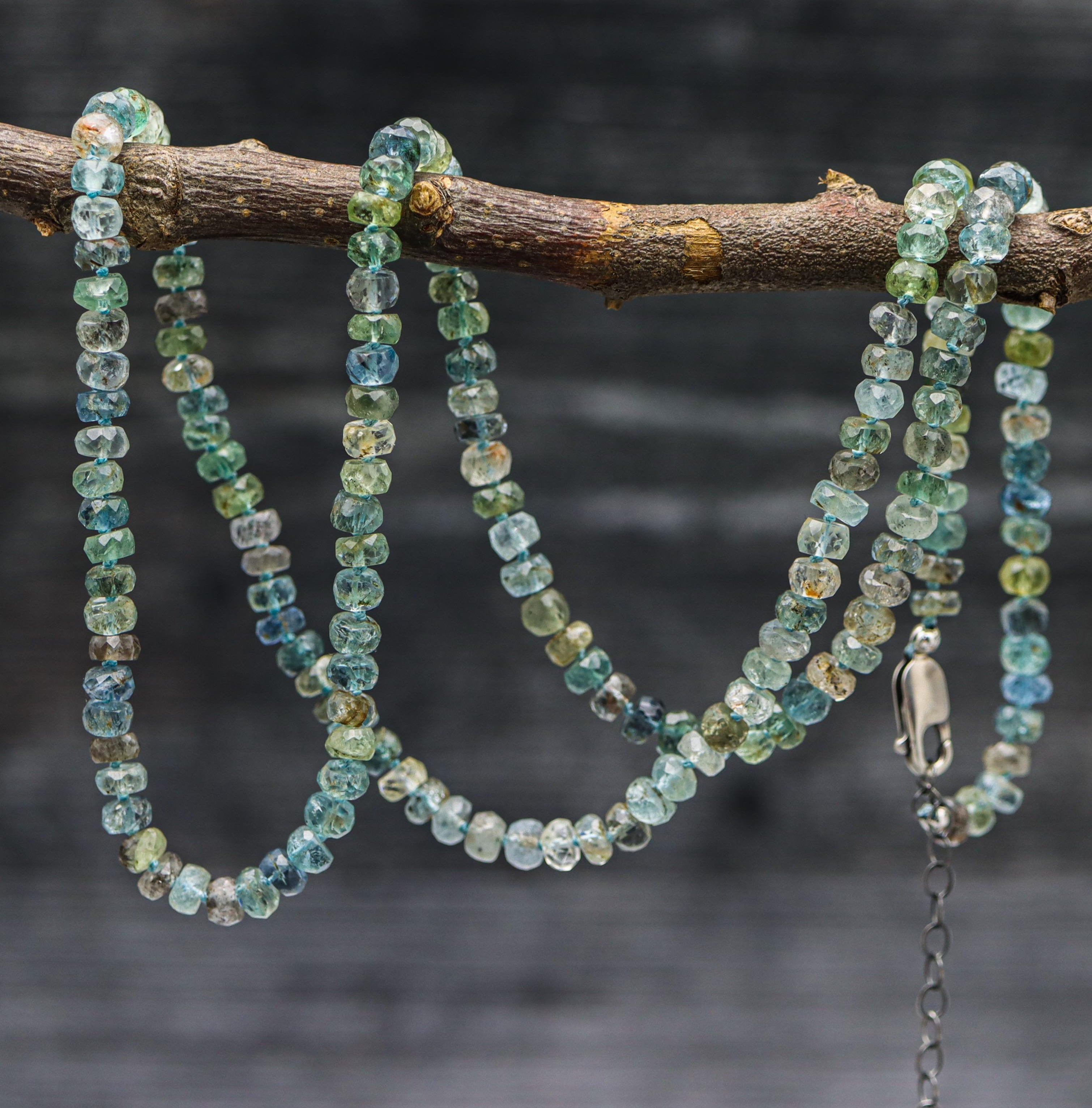 Moss Aquamarine Hand Knotted Bead Necklace Sterling Silver