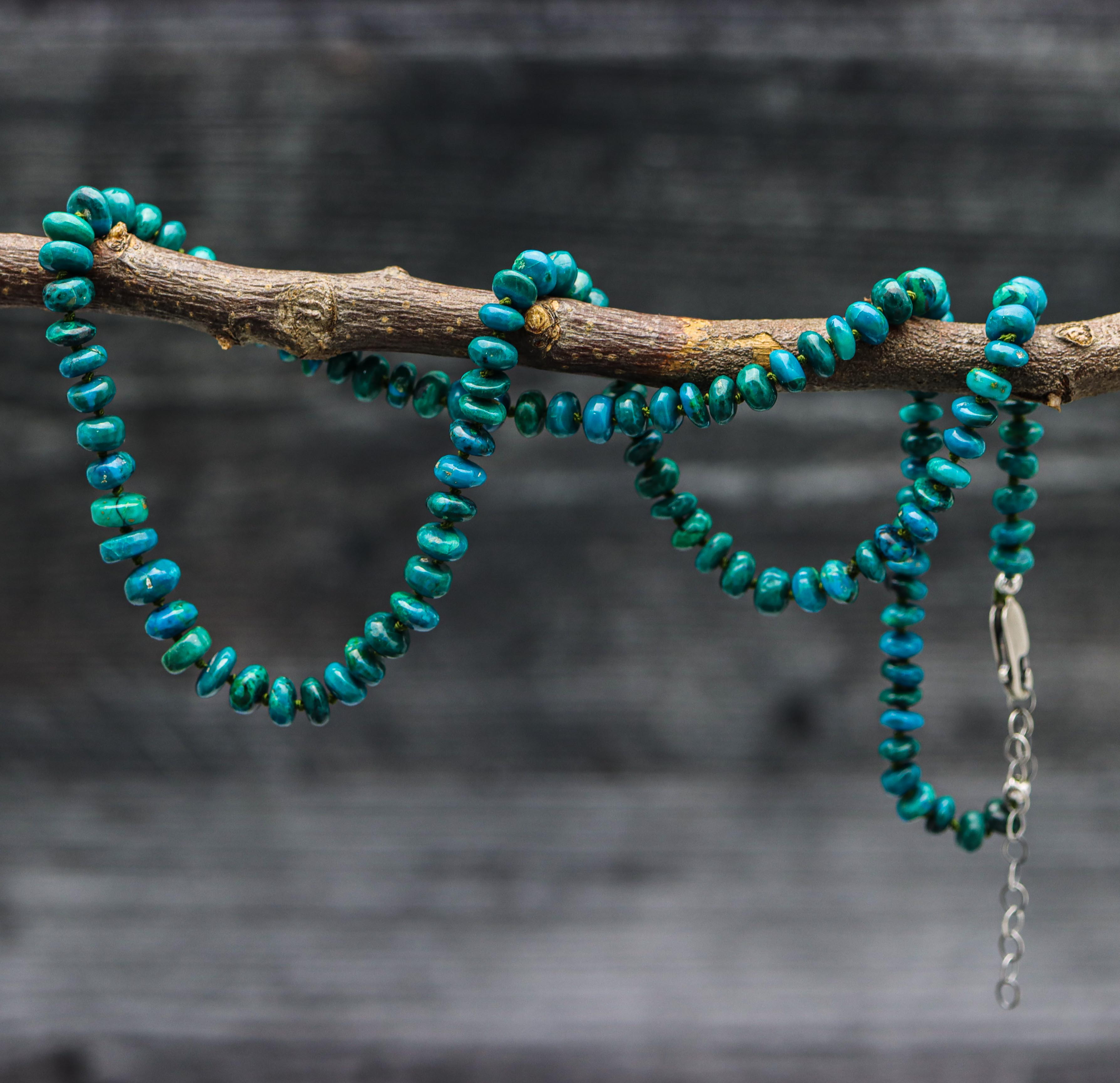 Chrysocolla Hand Knotted Bead Necklace Sterling Silver