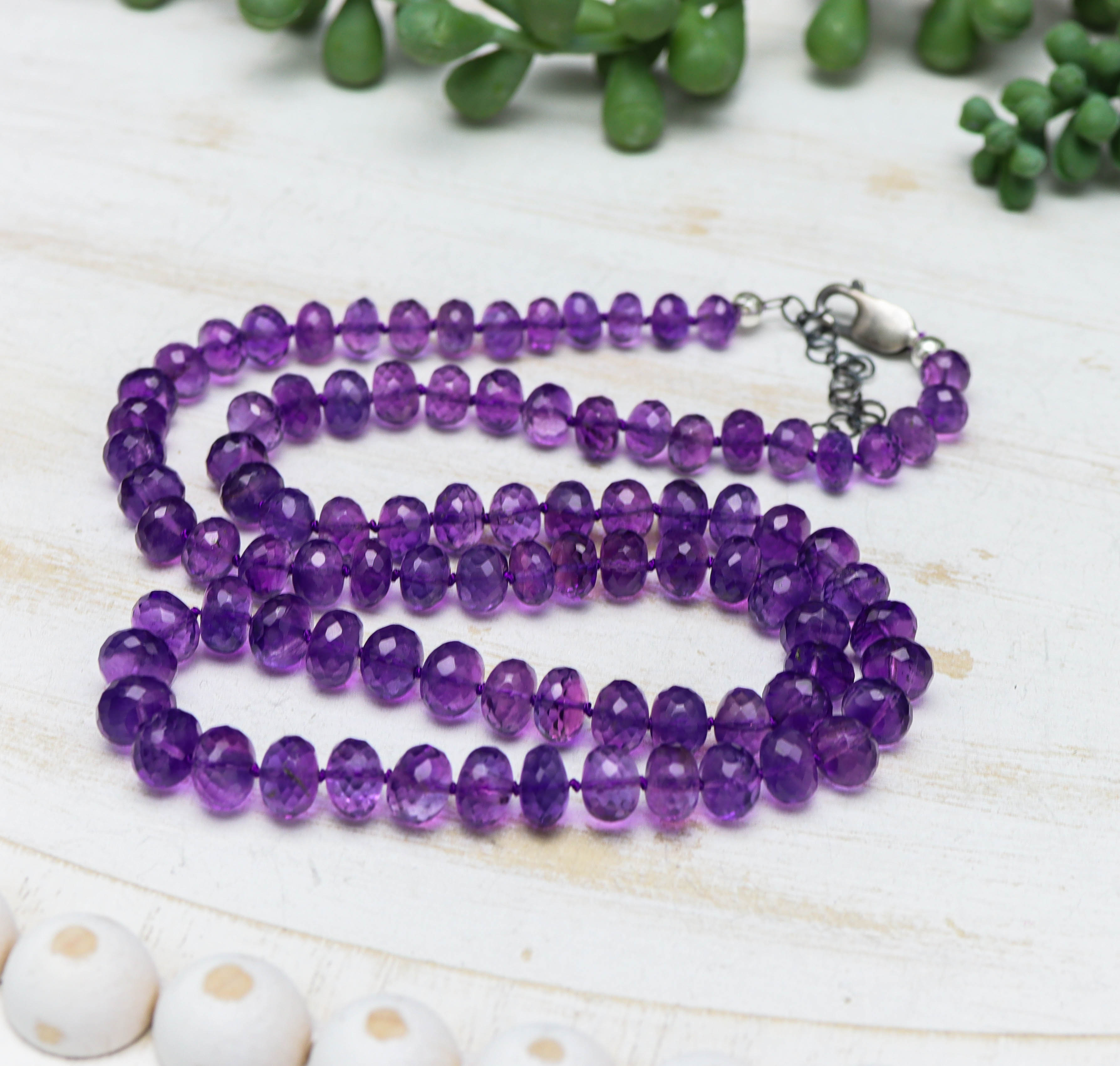 Amethyst Hand Knotted Bead Necklace Sterling Silver
