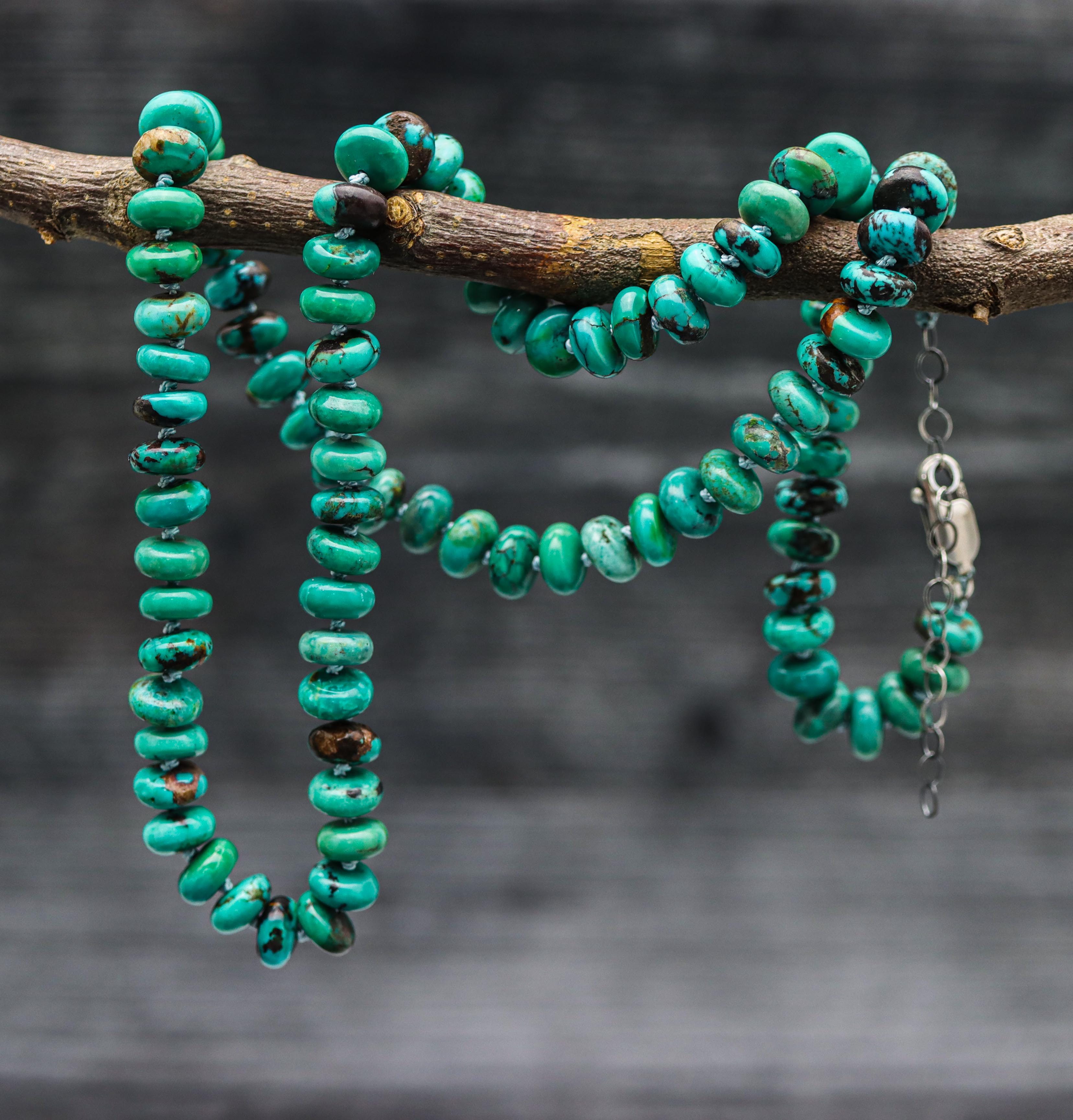 Turquoise Hand Knotted Bead Necklace Sterling Silver