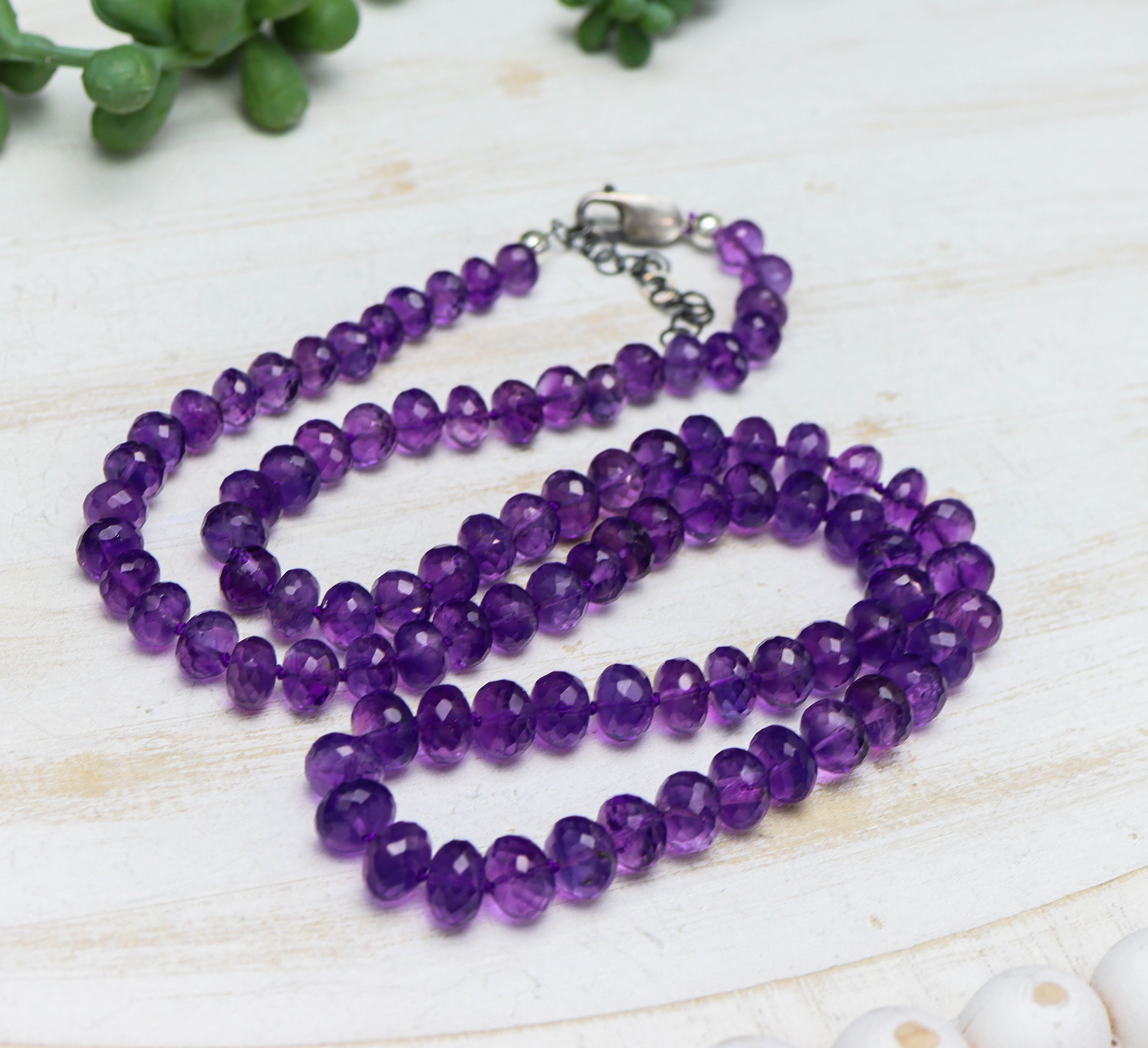Amethyst Hand Knotted Bead Necklace Sterling Silver