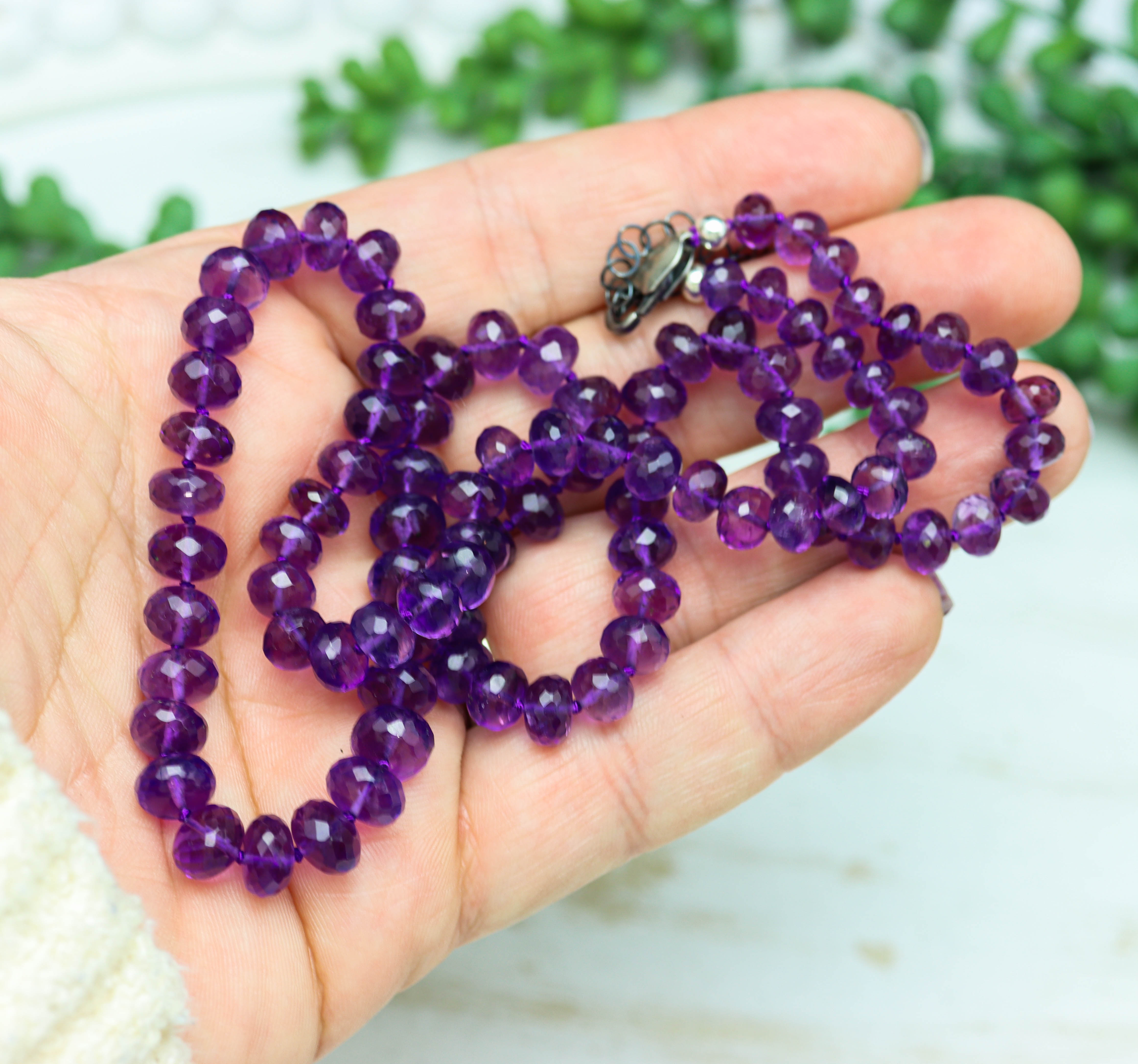 Amethyst Hand Knotted Bead Necklace Sterling Silver
