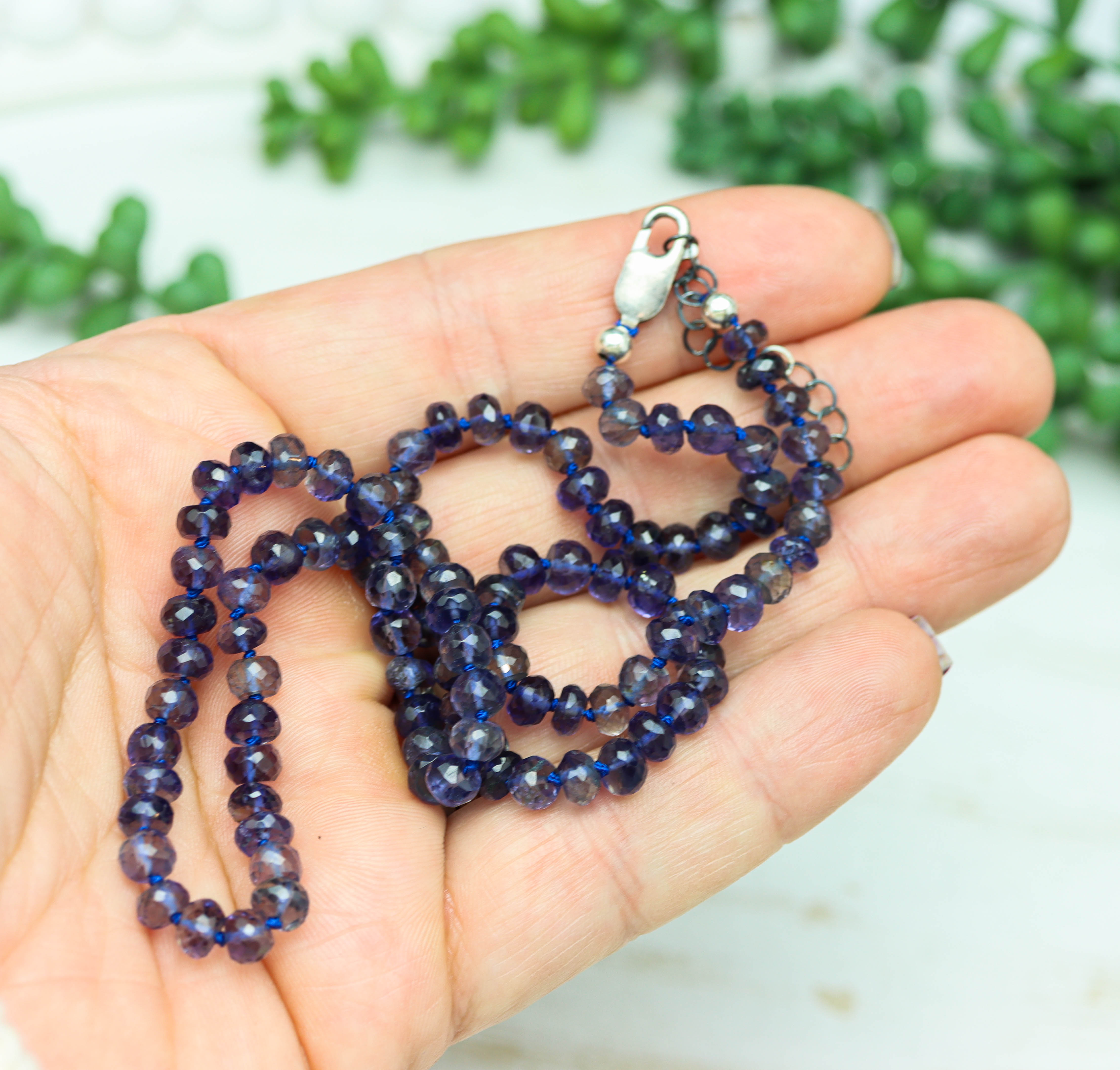 Blue Violet Iolite Hand Knotted Bead Necklace Sterling Silver 18 inch