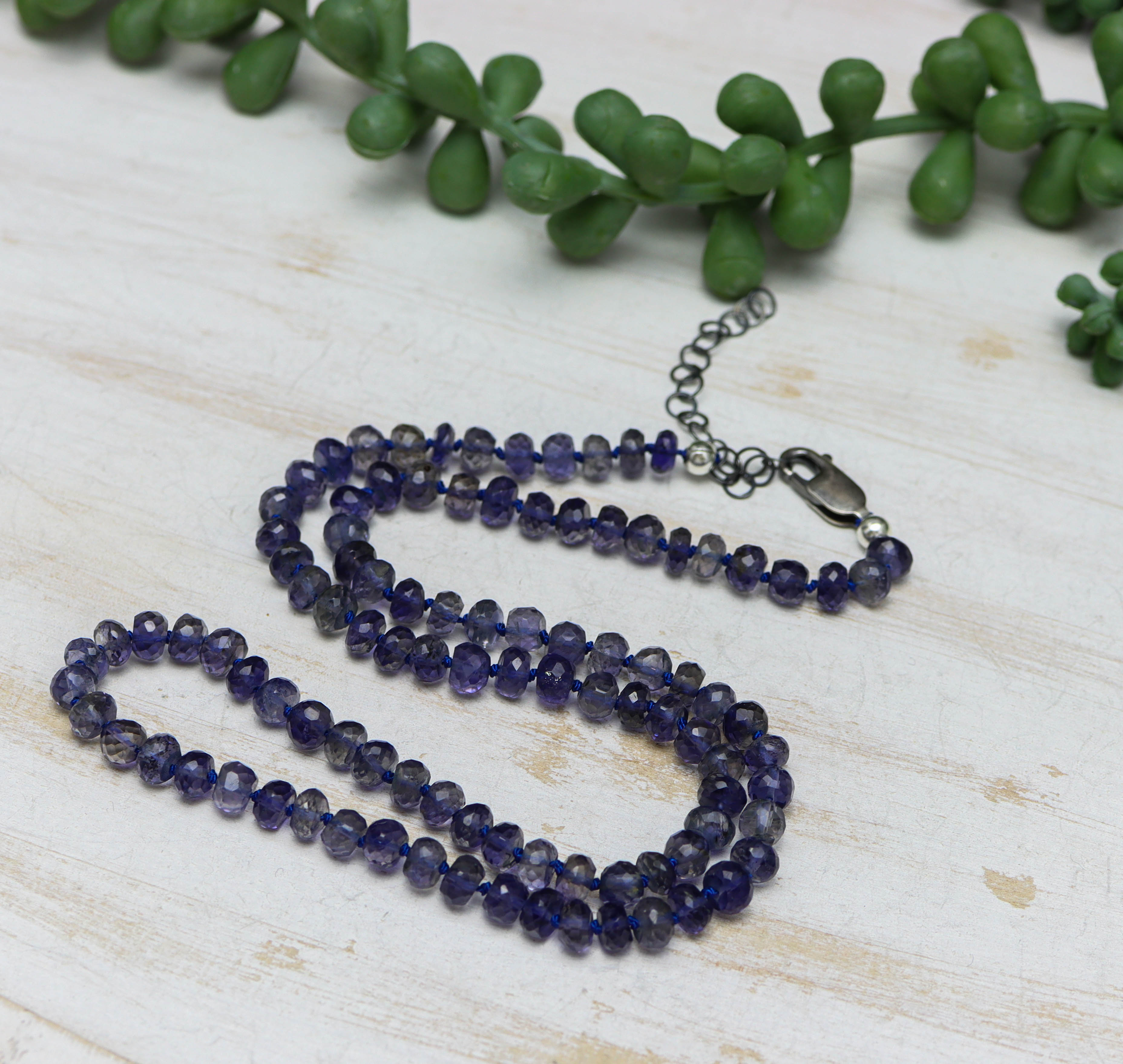 Blue Violet Iolite Hand Knotted Bead Necklace Sterling Silver 18 inch