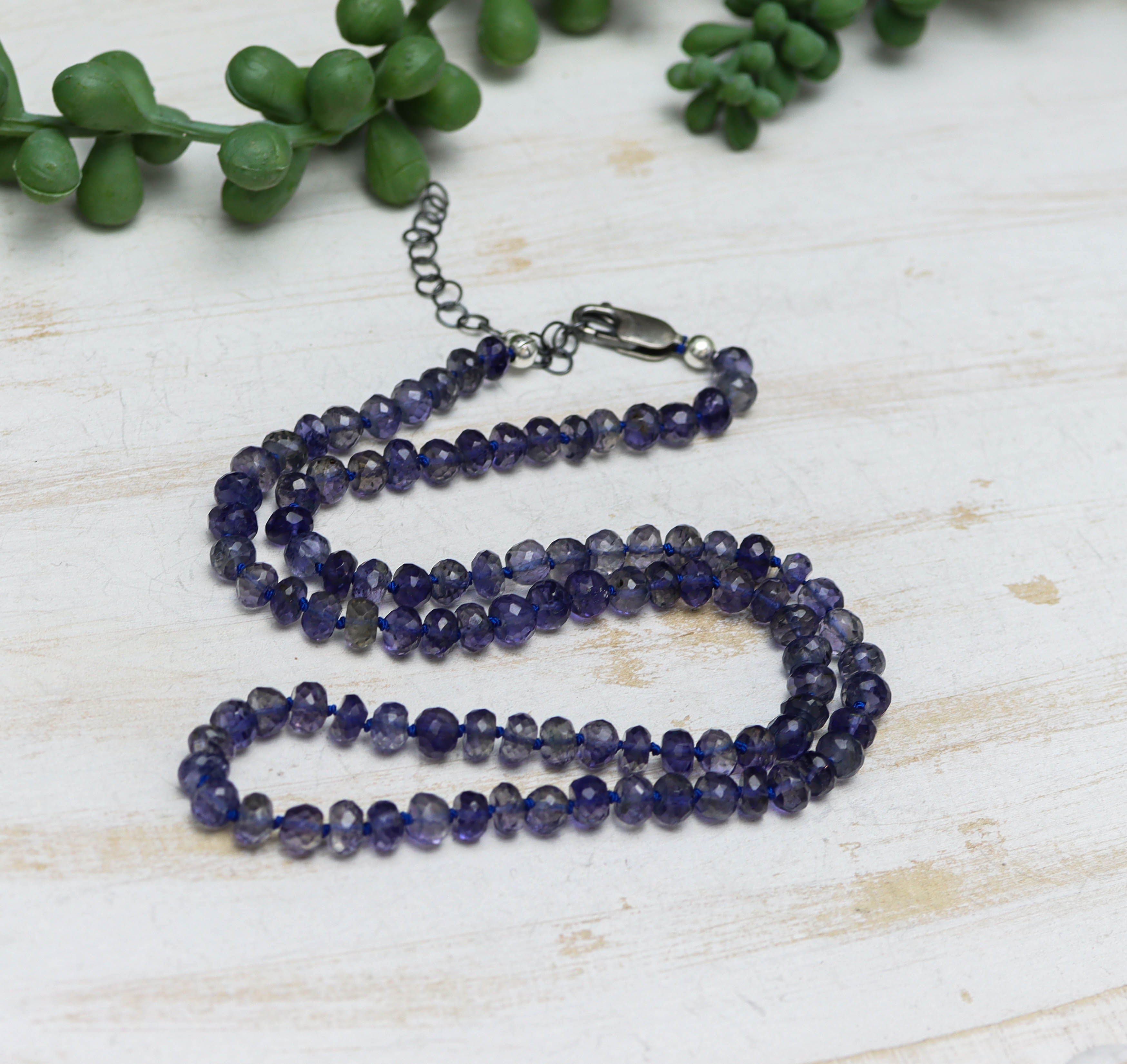Blue Violet Iolite Hand Knotted Bead Necklace Sterling Silver 18 inch