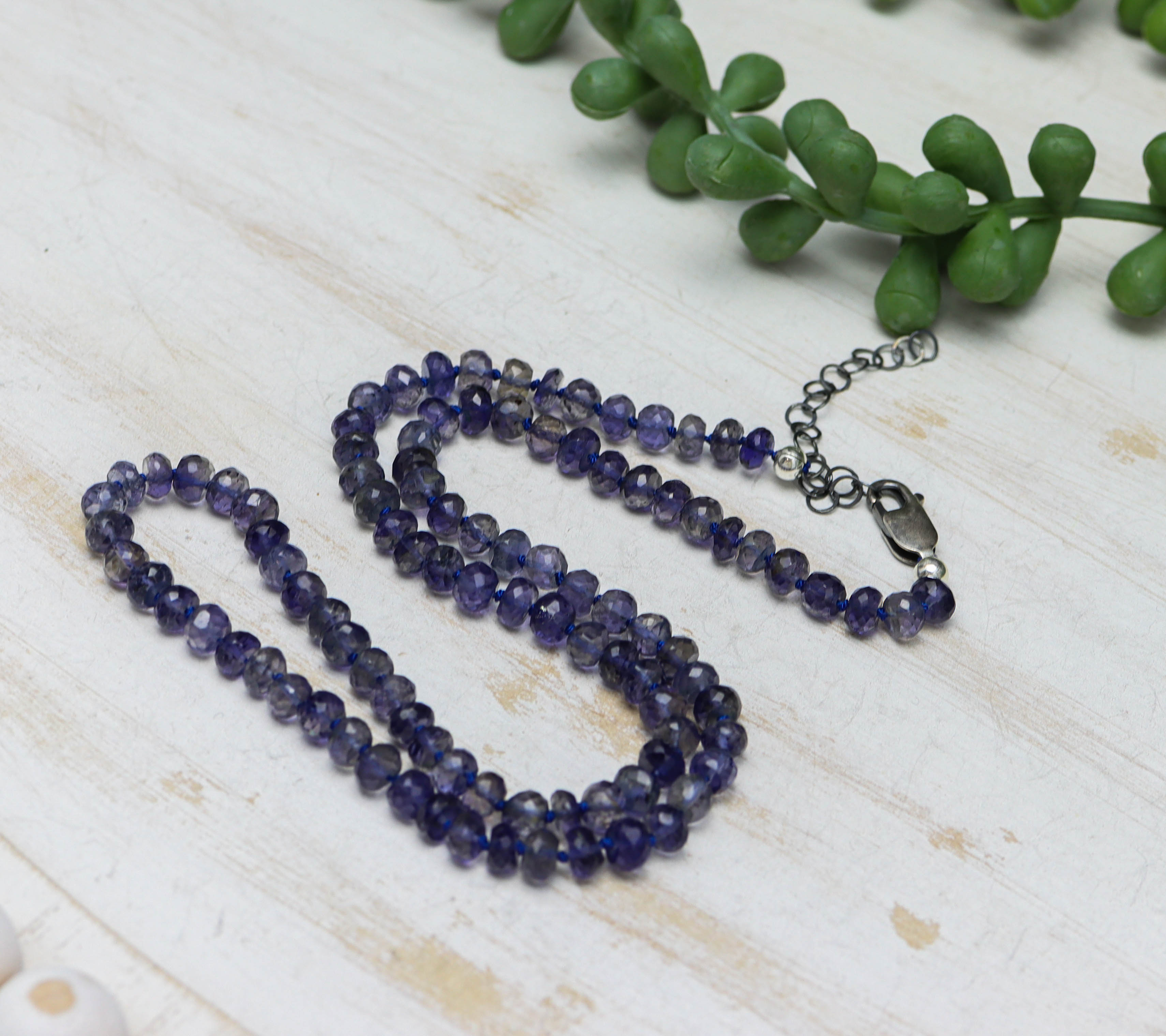 Blue Violet Iolite Hand Knotted Bead Necklace Sterling Silver 18 inch