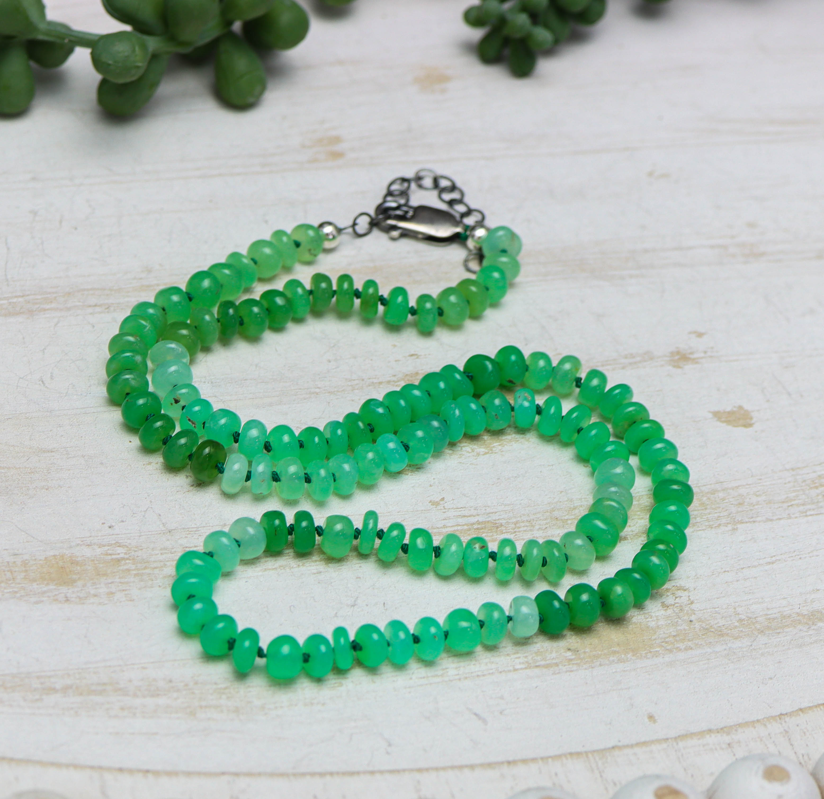 Chrysoprase Hand Knotted Bead Necklace Sterling Silver