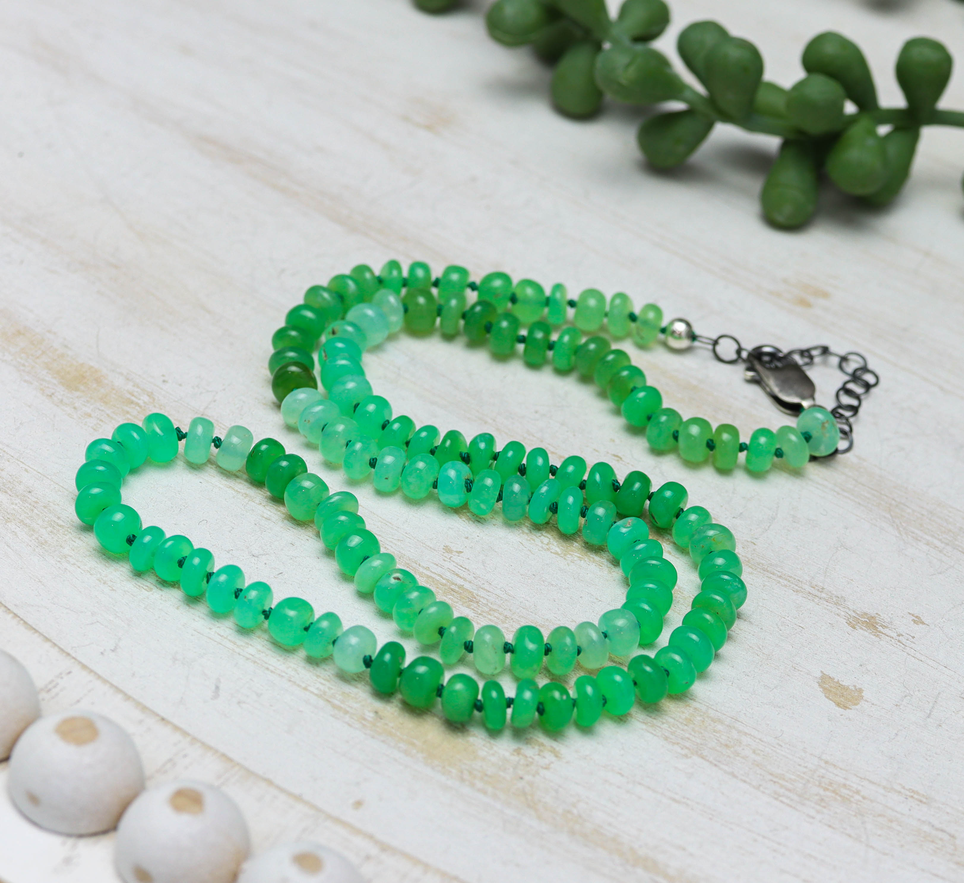 Chrysoprase Hand Knotted Bead Necklace Sterling Silver