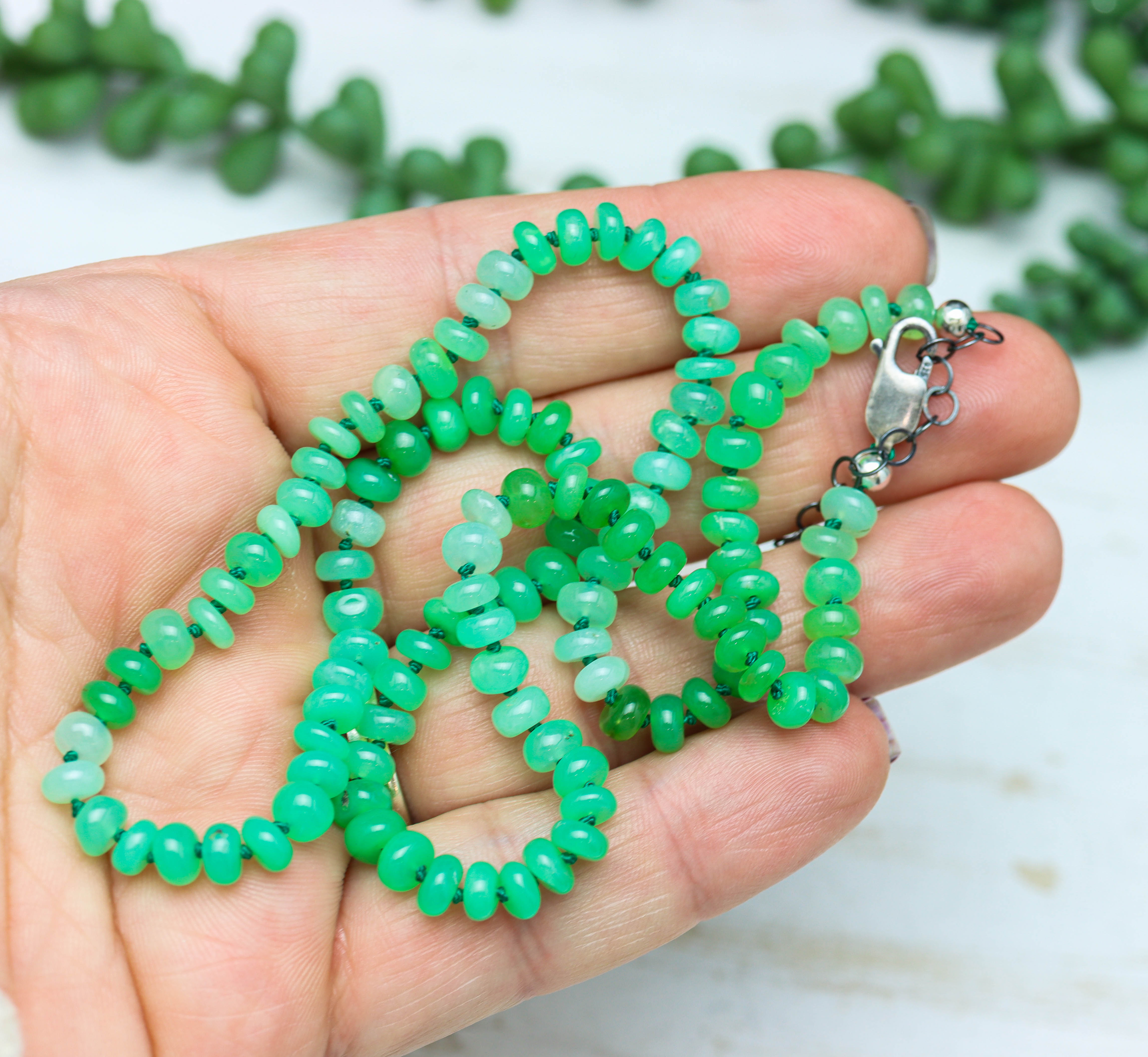 Chrysoprase Hand Knotted Bead Necklace Sterling Silver