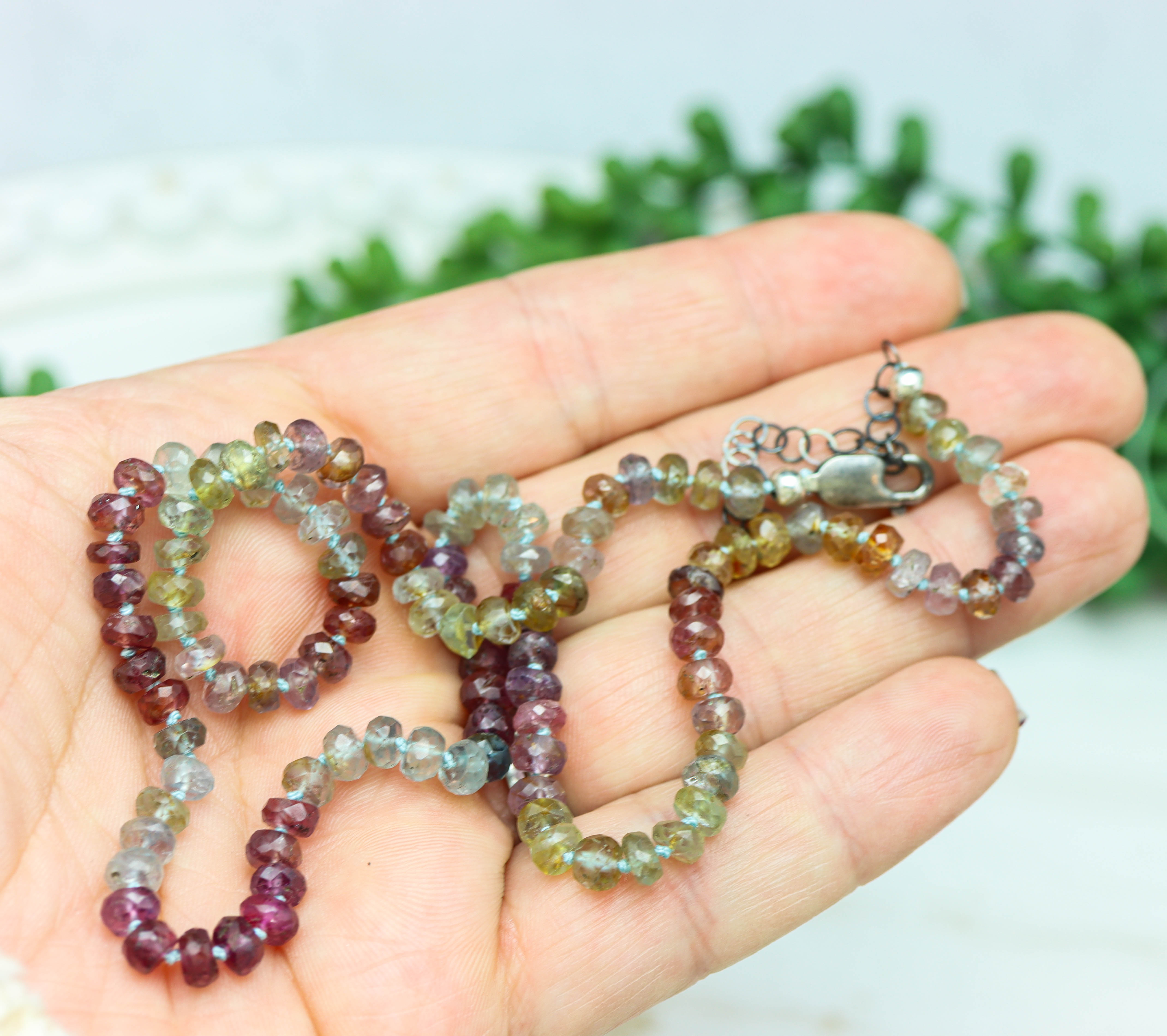 Multi Colored Sapphire Hand Knotted Bead Necklace Sterling Silver 18 inch