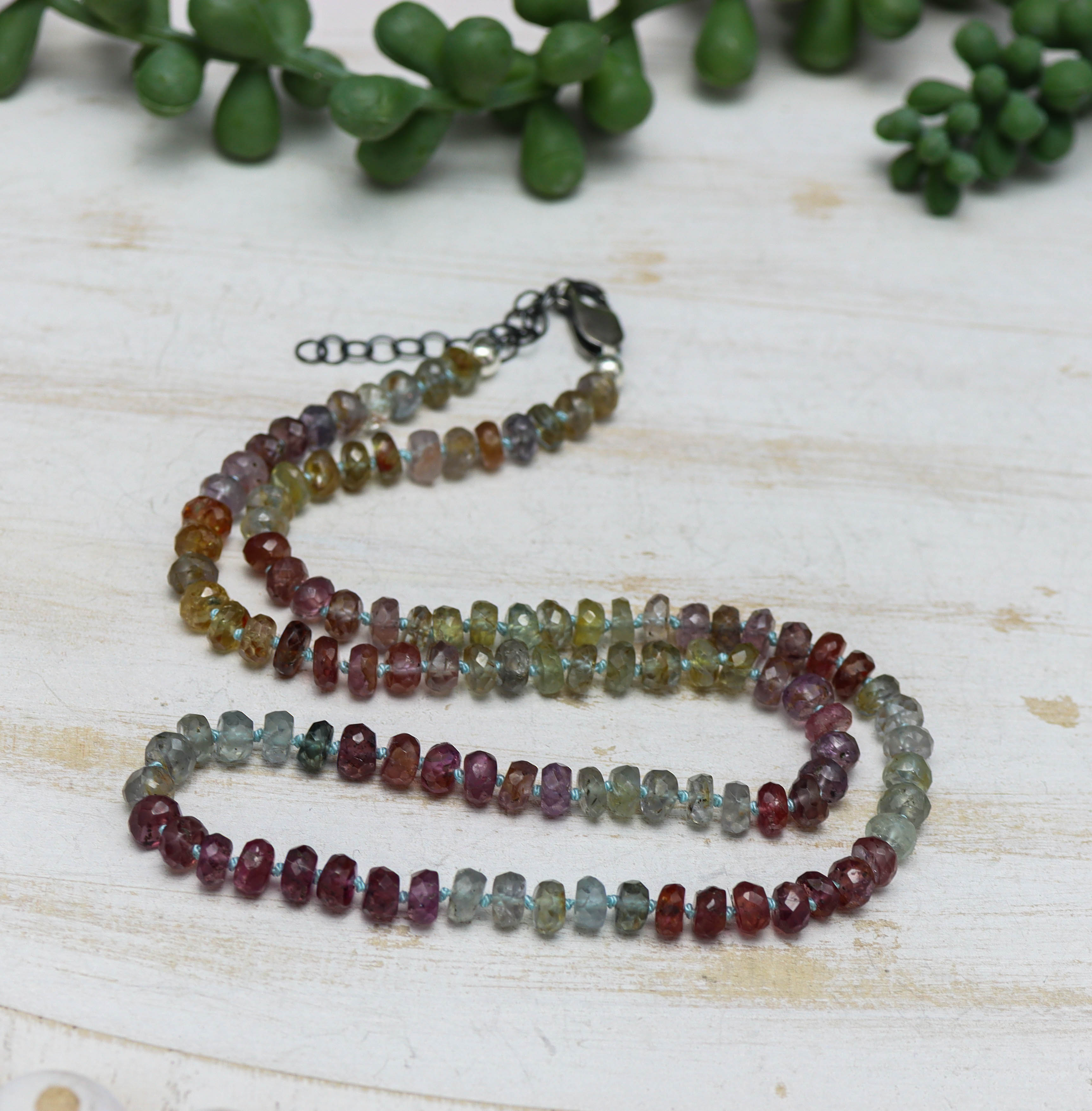Multi Colored Sapphire Hand Knotted Bead Necklace Sterling Silver 18 inch