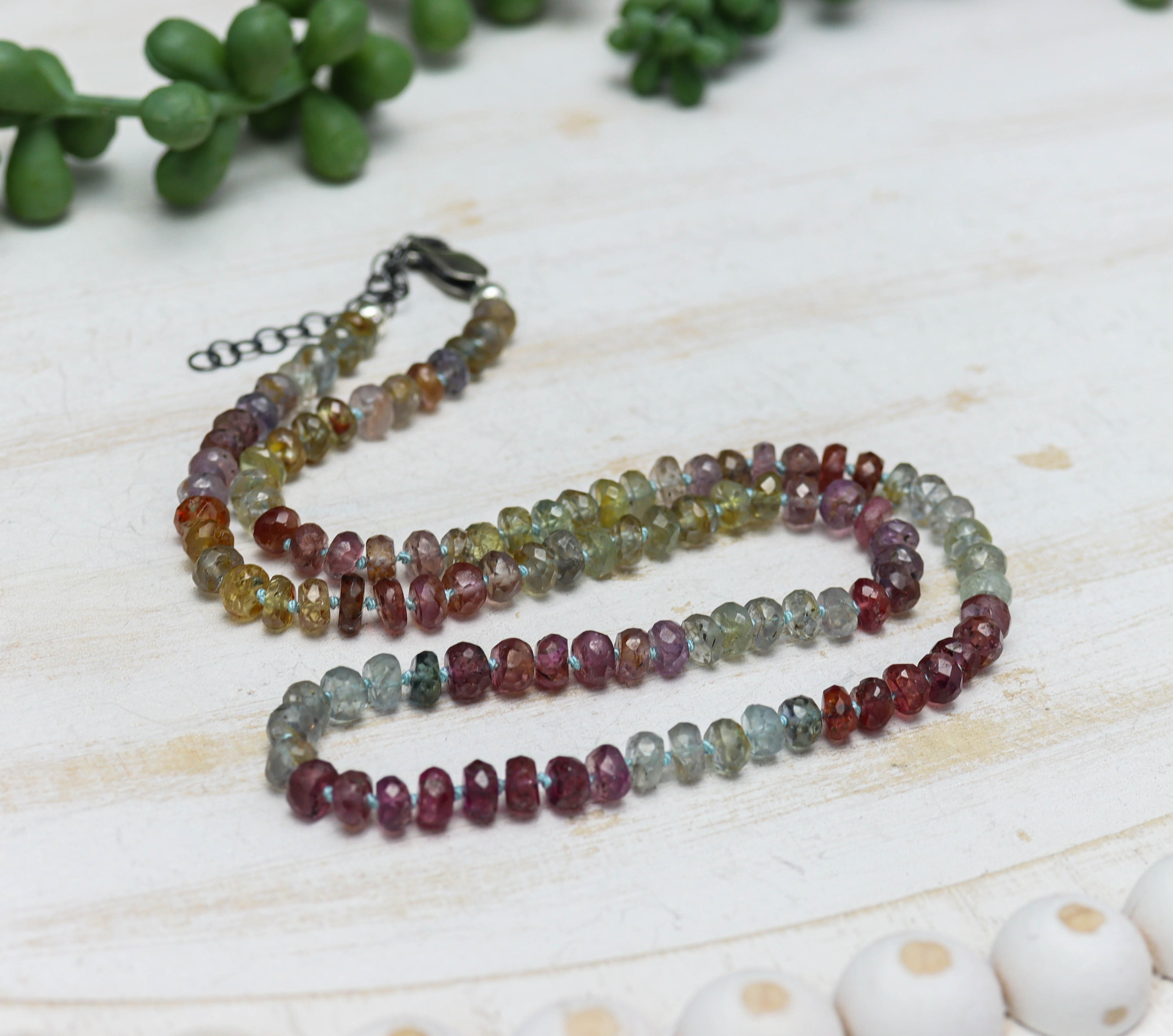 Multi Colored Sapphire Hand Knotted Bead Necklace Sterling Silver 18 inch