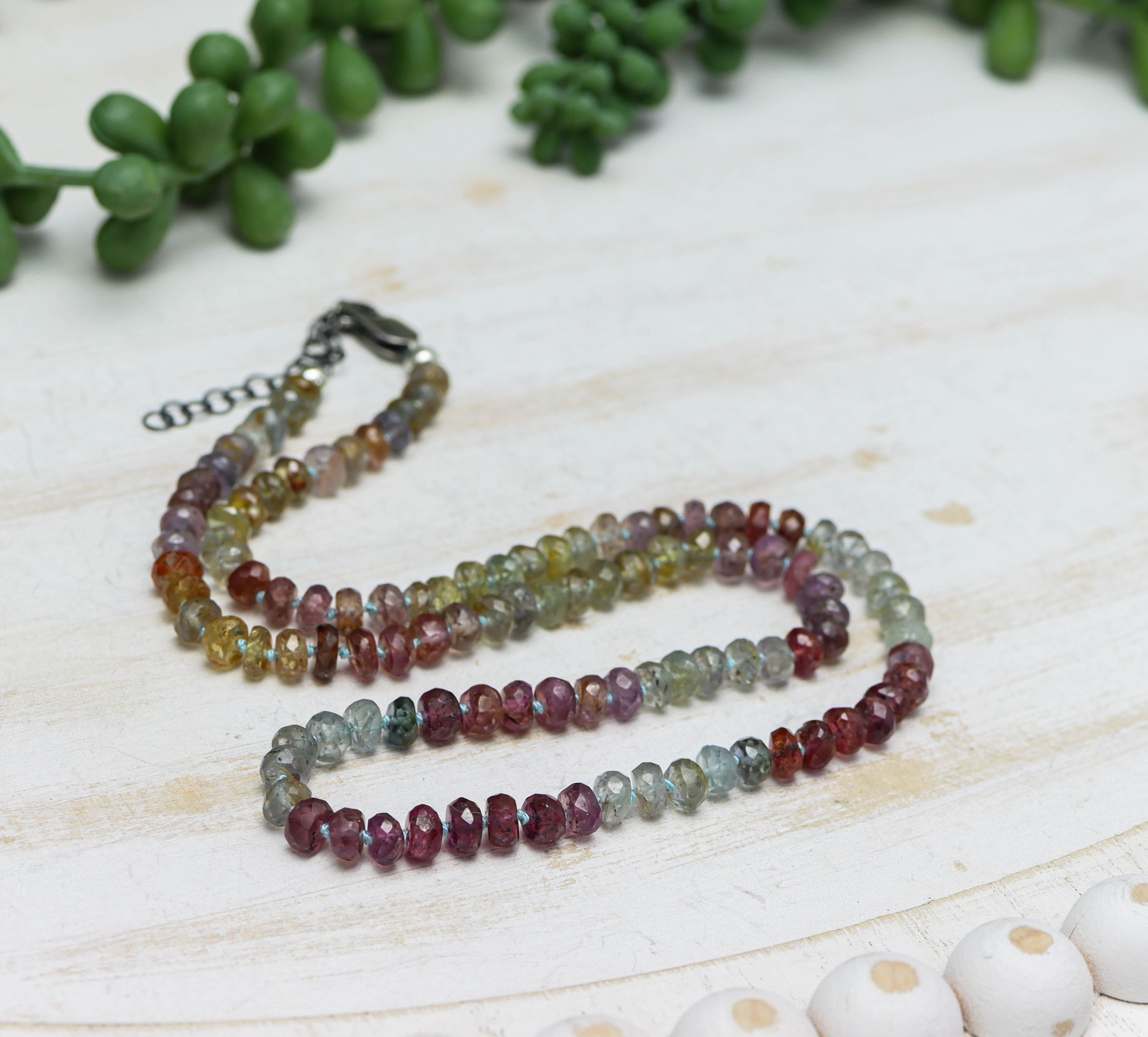 Multi Colored Sapphire Hand Knotted Bead Necklace Sterling Silver 18 inch