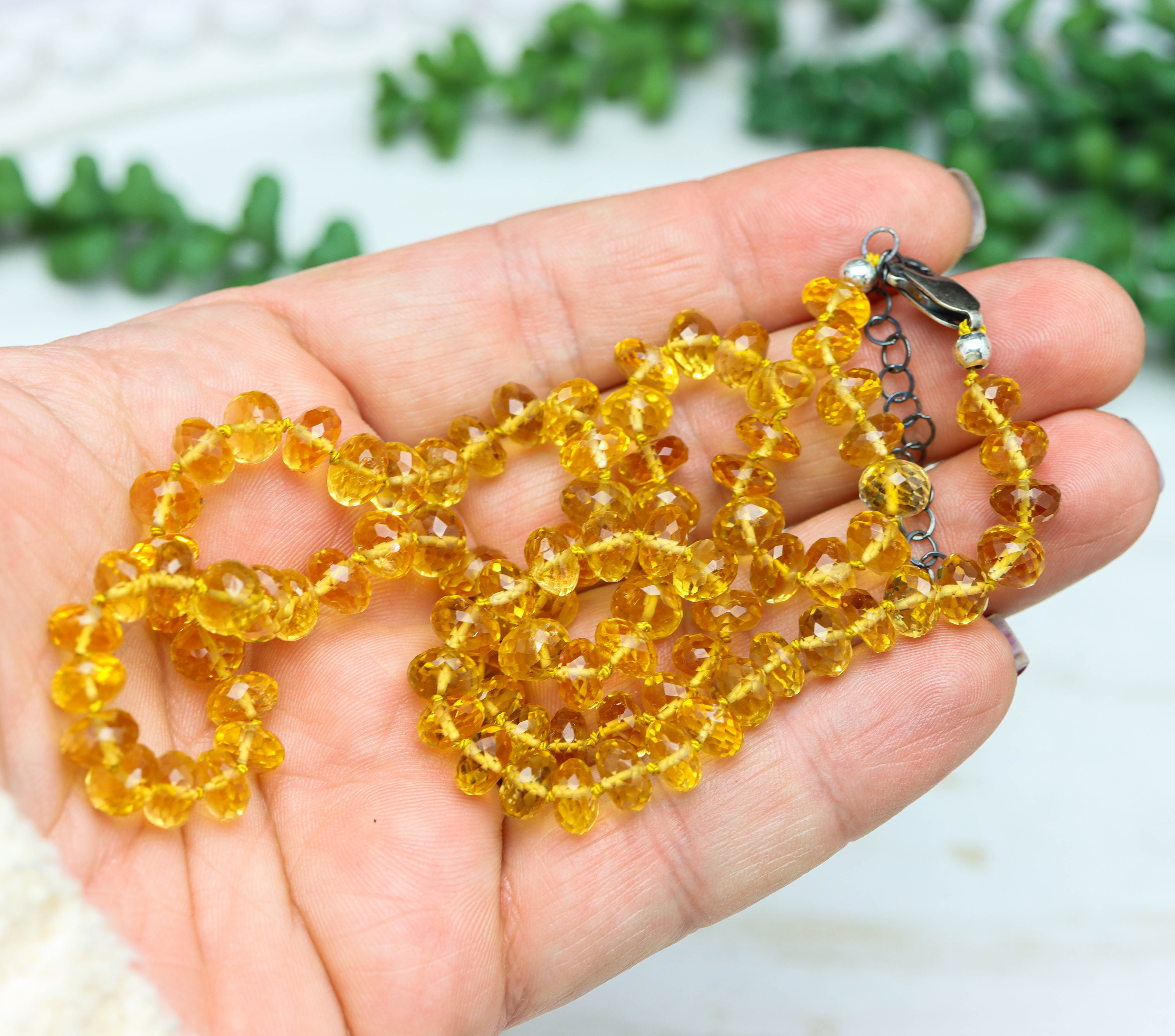 Yellow Citrine Hand Knotted Bead Necklace Sterling Silver