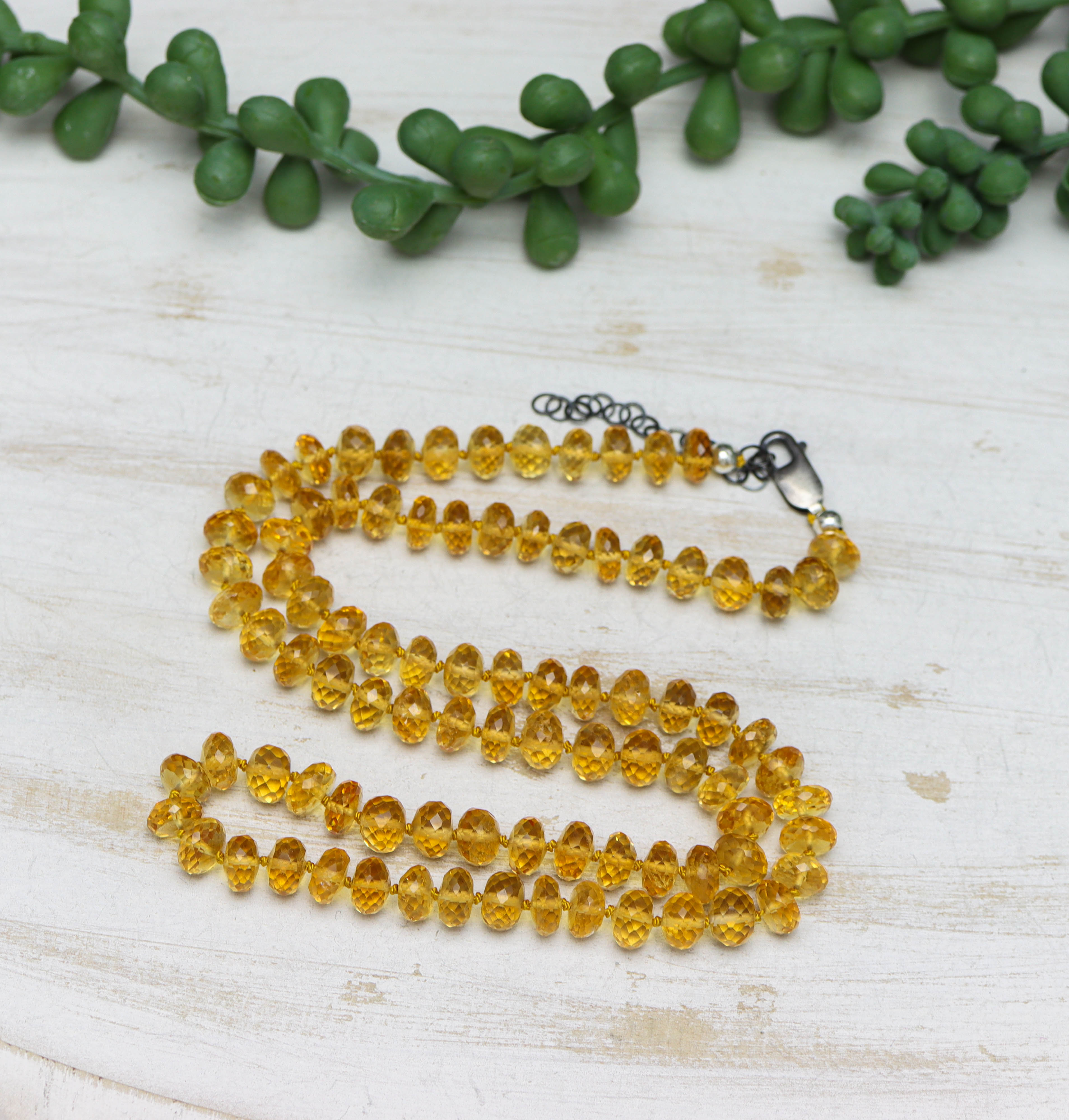 Yellow Citrine Hand Knotted Bead Necklace Sterling Silver