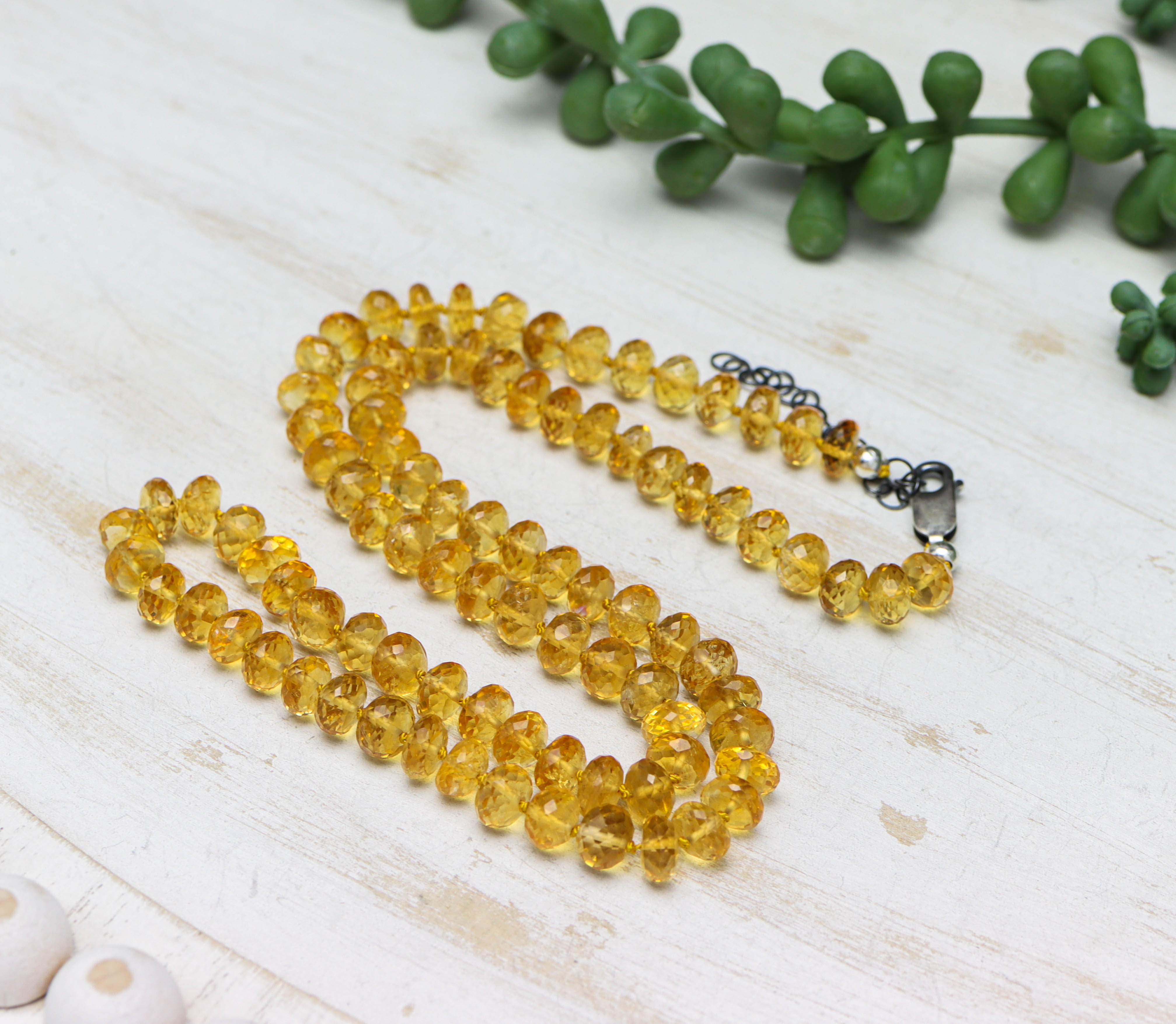 Yellow Citrine Hand Knotted Bead Necklace Sterling Silver