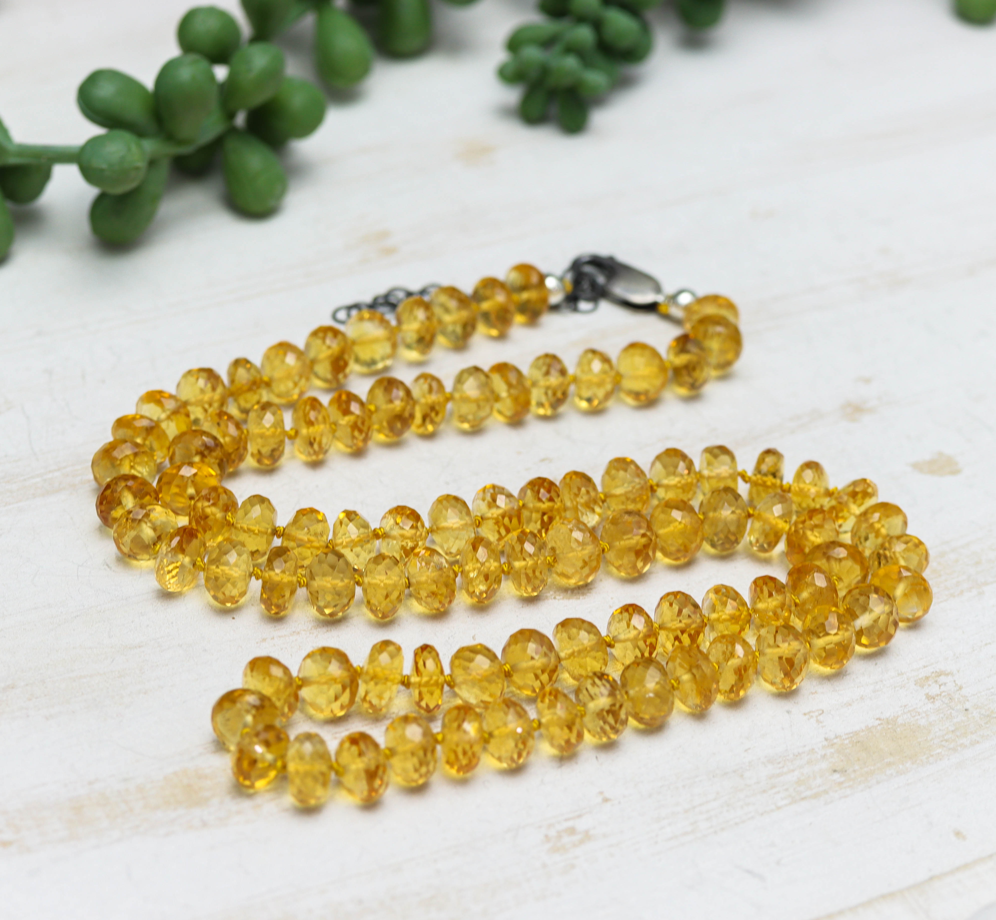 Yellow Citrine Hand Knotted Bead Necklace Sterling Silver
