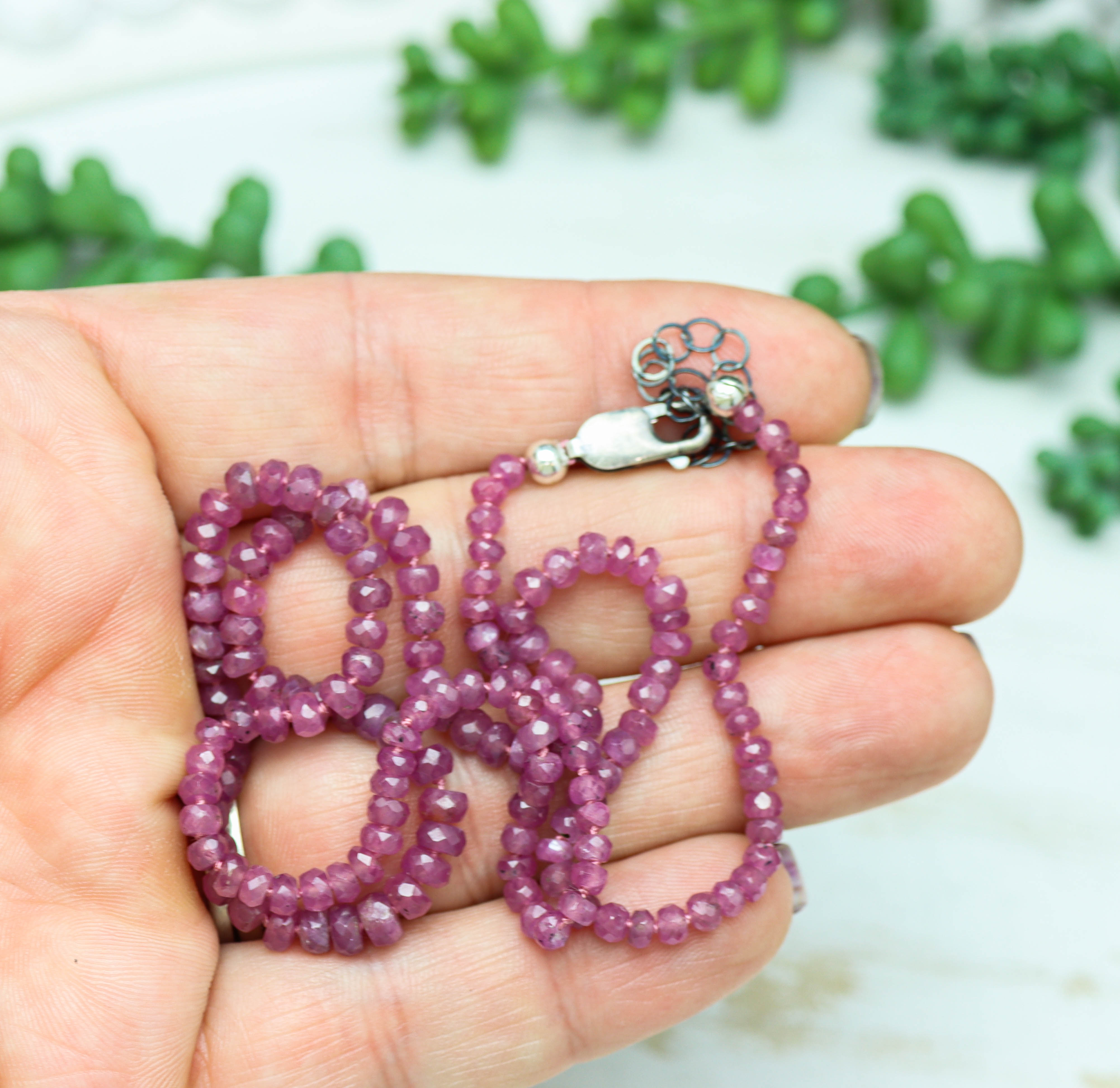 Pink Ruby Hand Knotted Bead Necklace Sterling Silver