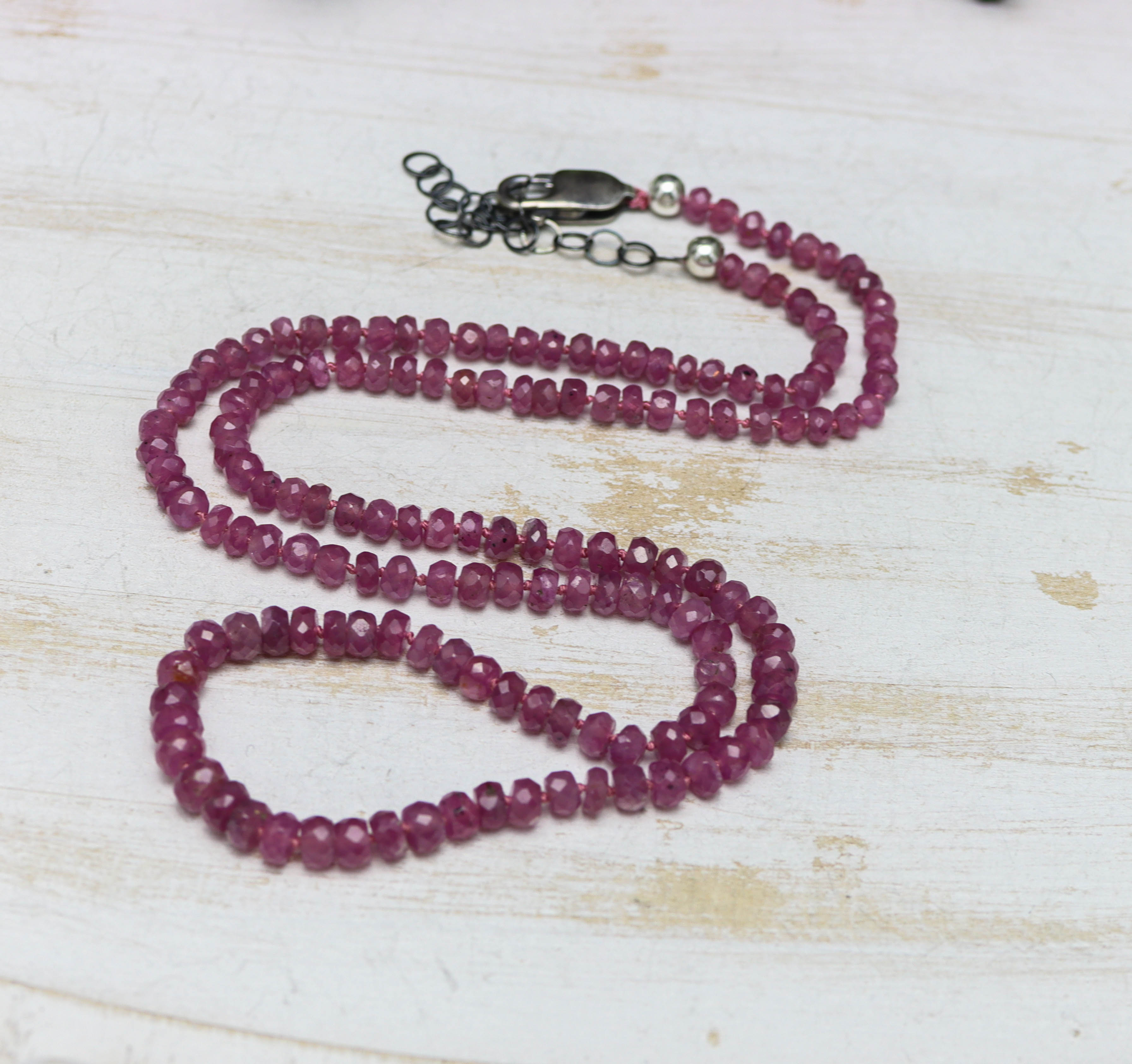 Pink Ruby Hand Knotted Bead Necklace Sterling Silver