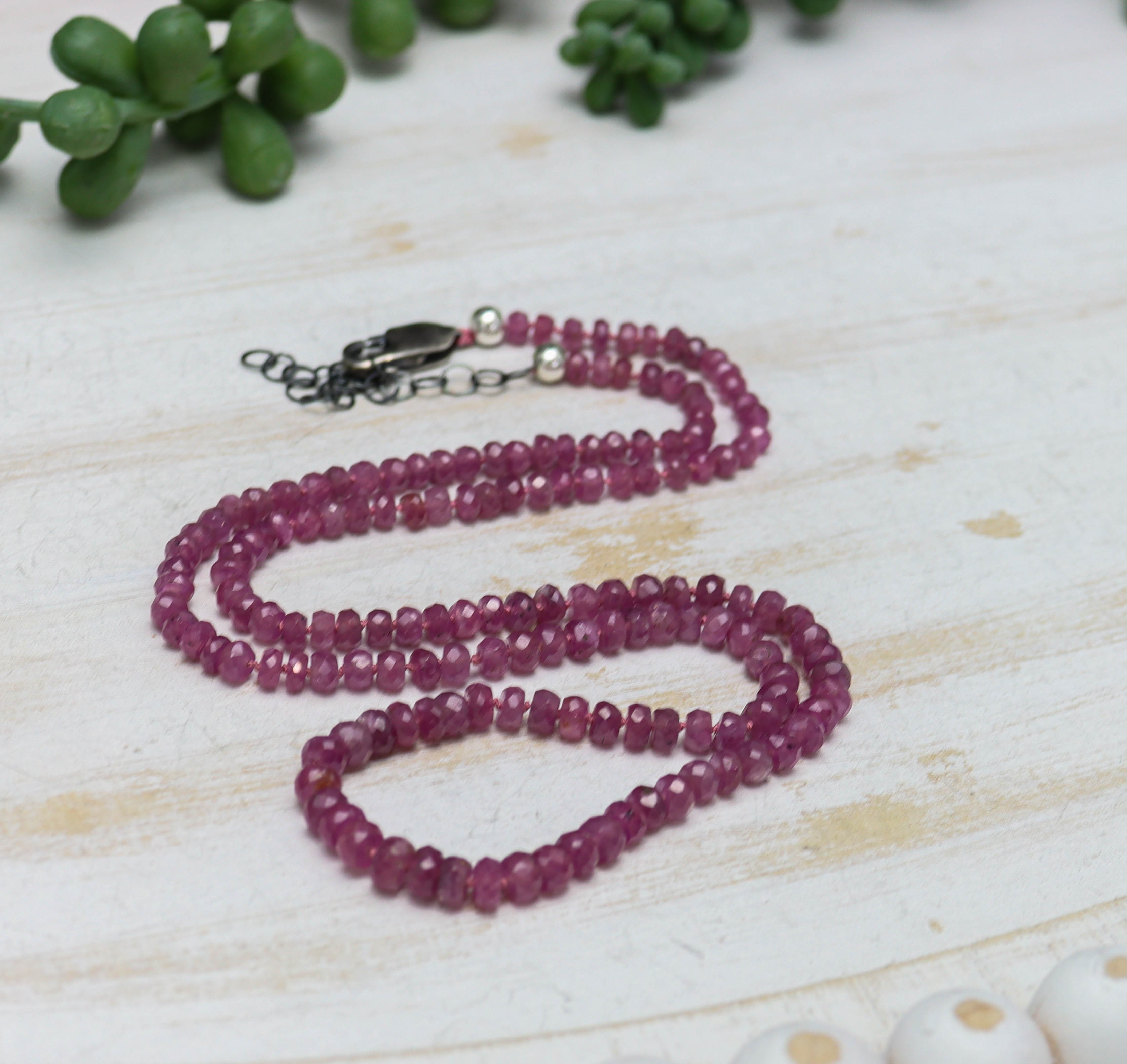 Pink Ruby Hand Knotted Bead Necklace Sterling Silver